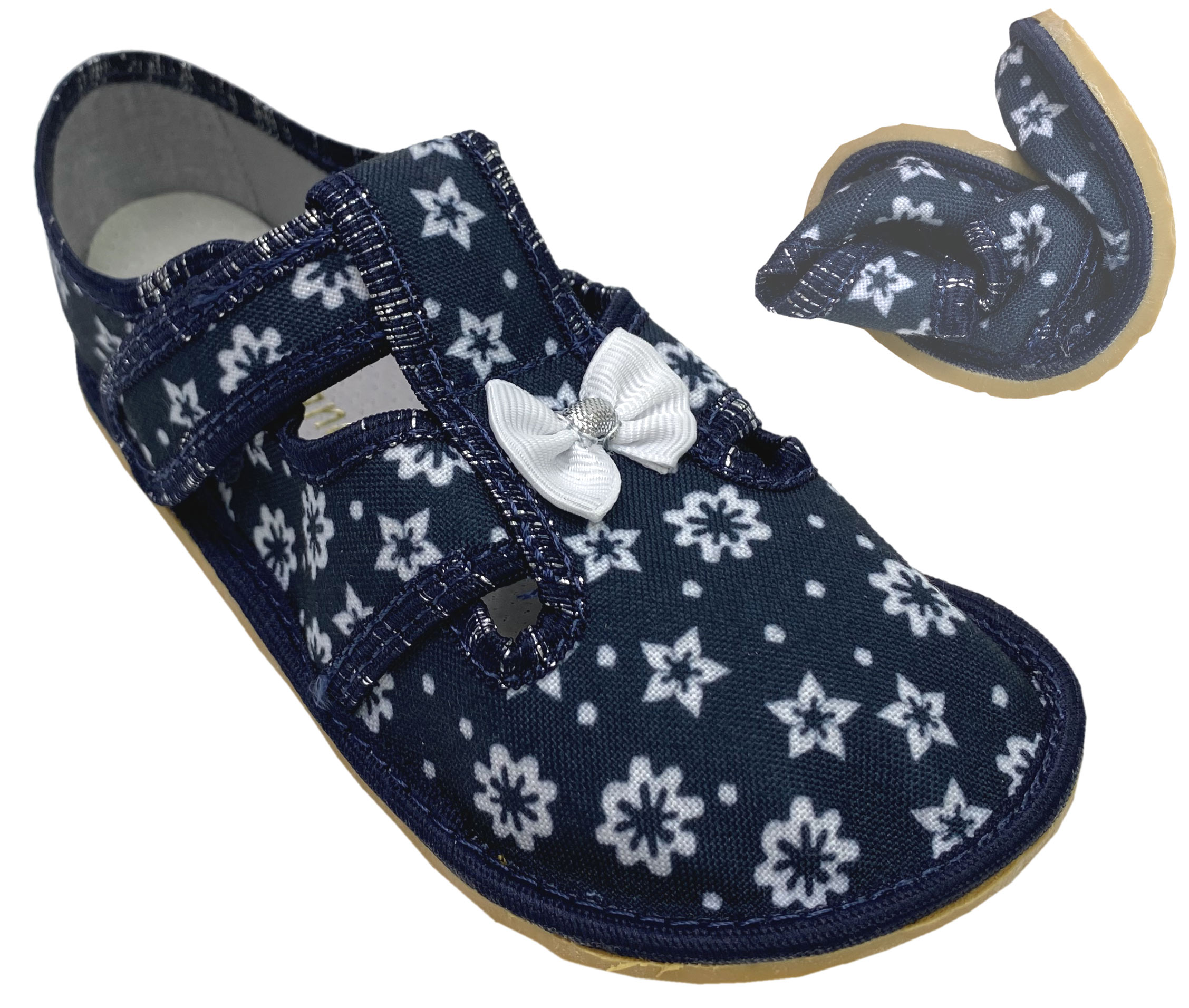 Schicke Hausschuhe / Barfußschuhe aus Canvas in Marine Blau mit Blümchen von ANATOMIC