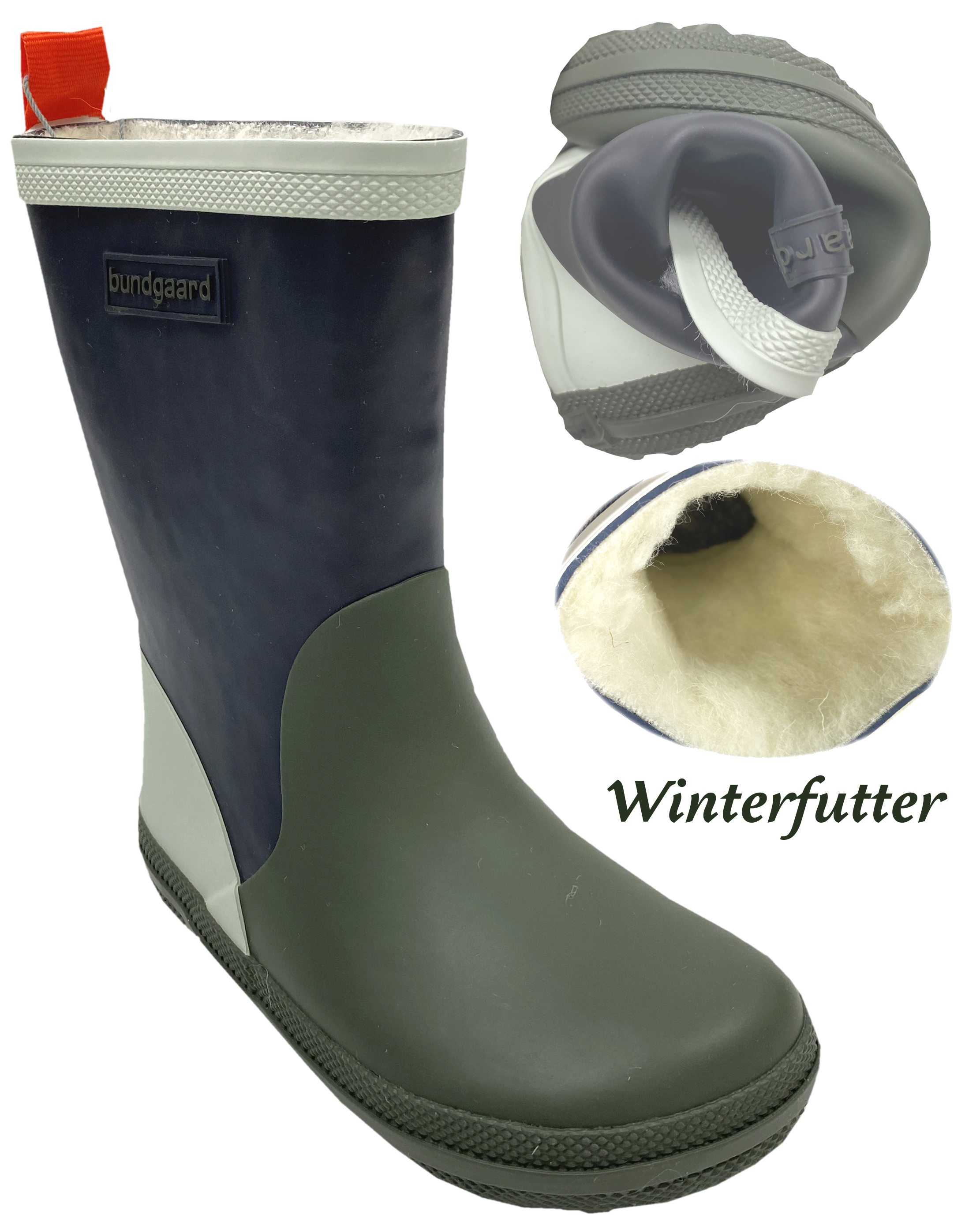 Barfuß Gummistiefel Charly High Warm, Naturgummi +Winterfutter, Tricolor Army / Blau v. BUNDGAARD