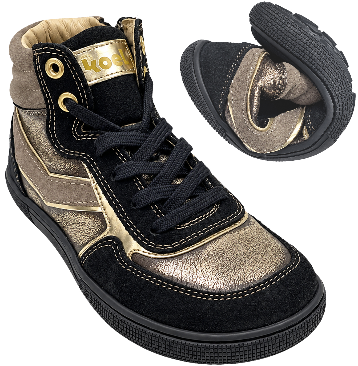 High Top Sneaker DANISH Fantasy KOEL Barefoot in Schwarz / Gold Glitzer Zipper & Schnürung 08M028.001