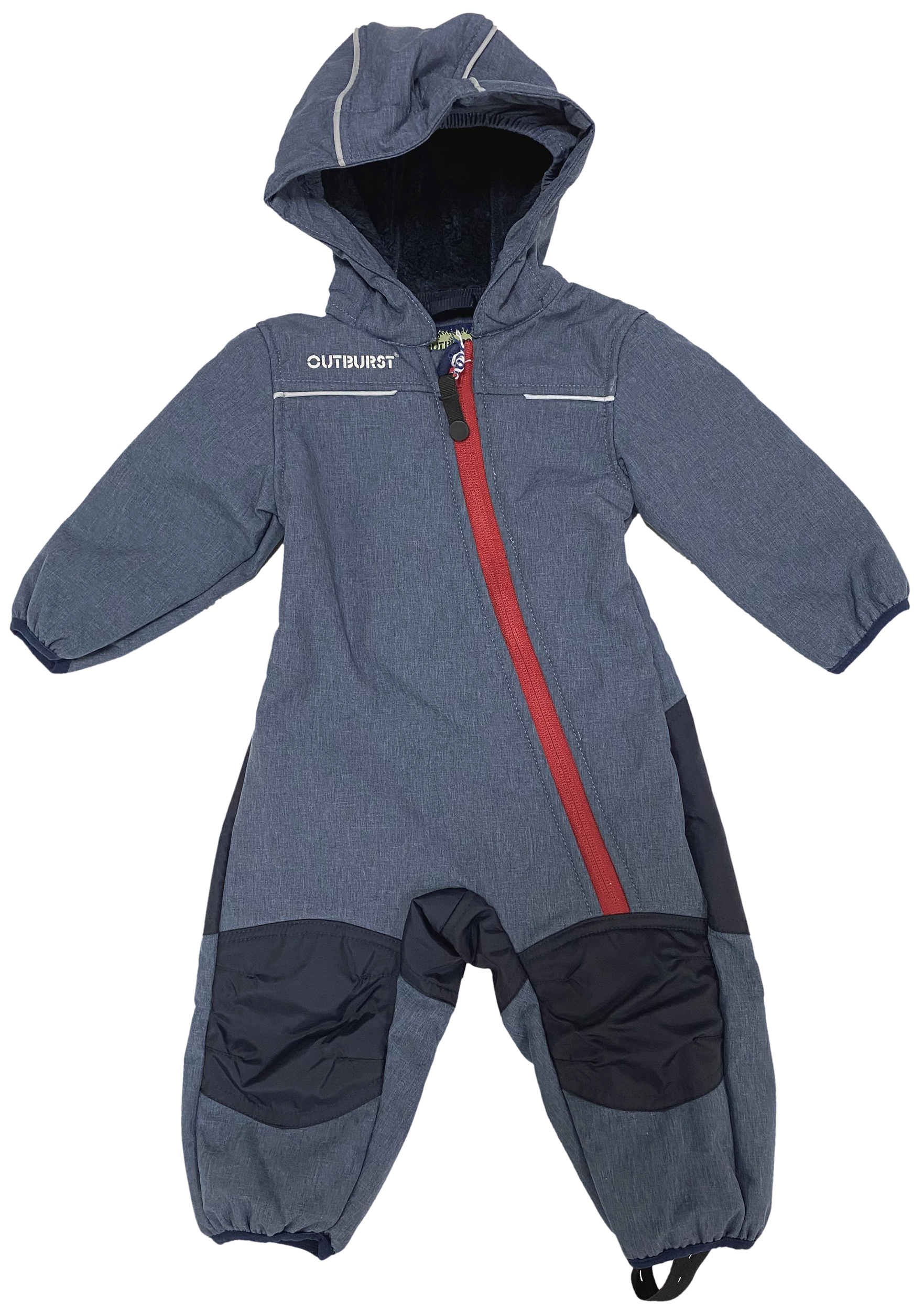 Softshellanzug mit Teddyplüsch gefüttert in Jeansblau Melange v. OUTBURST verst. Knie & Gesäßpartie