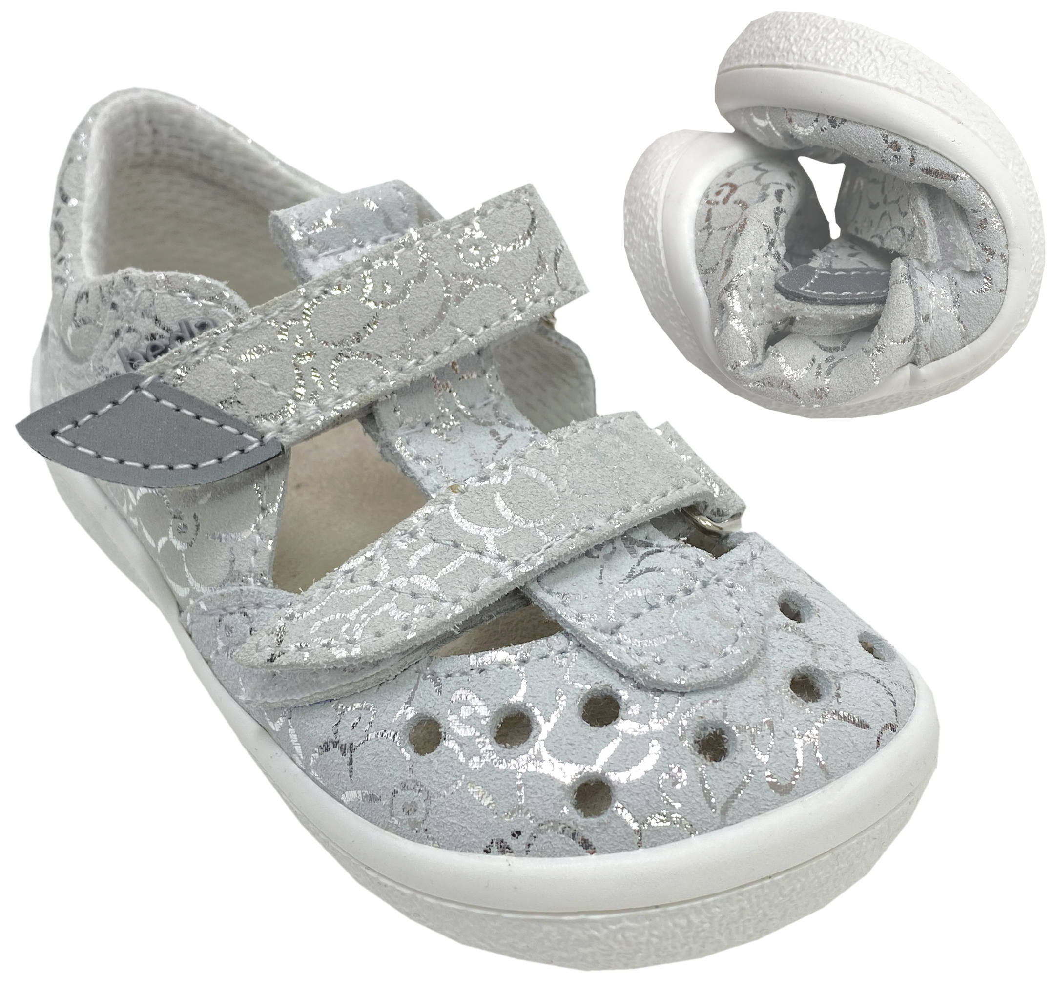 Halbsandalen / Minimalschuhe mit Doppelklett in Silber/ Weiß Modell Silver Shine von BEDA