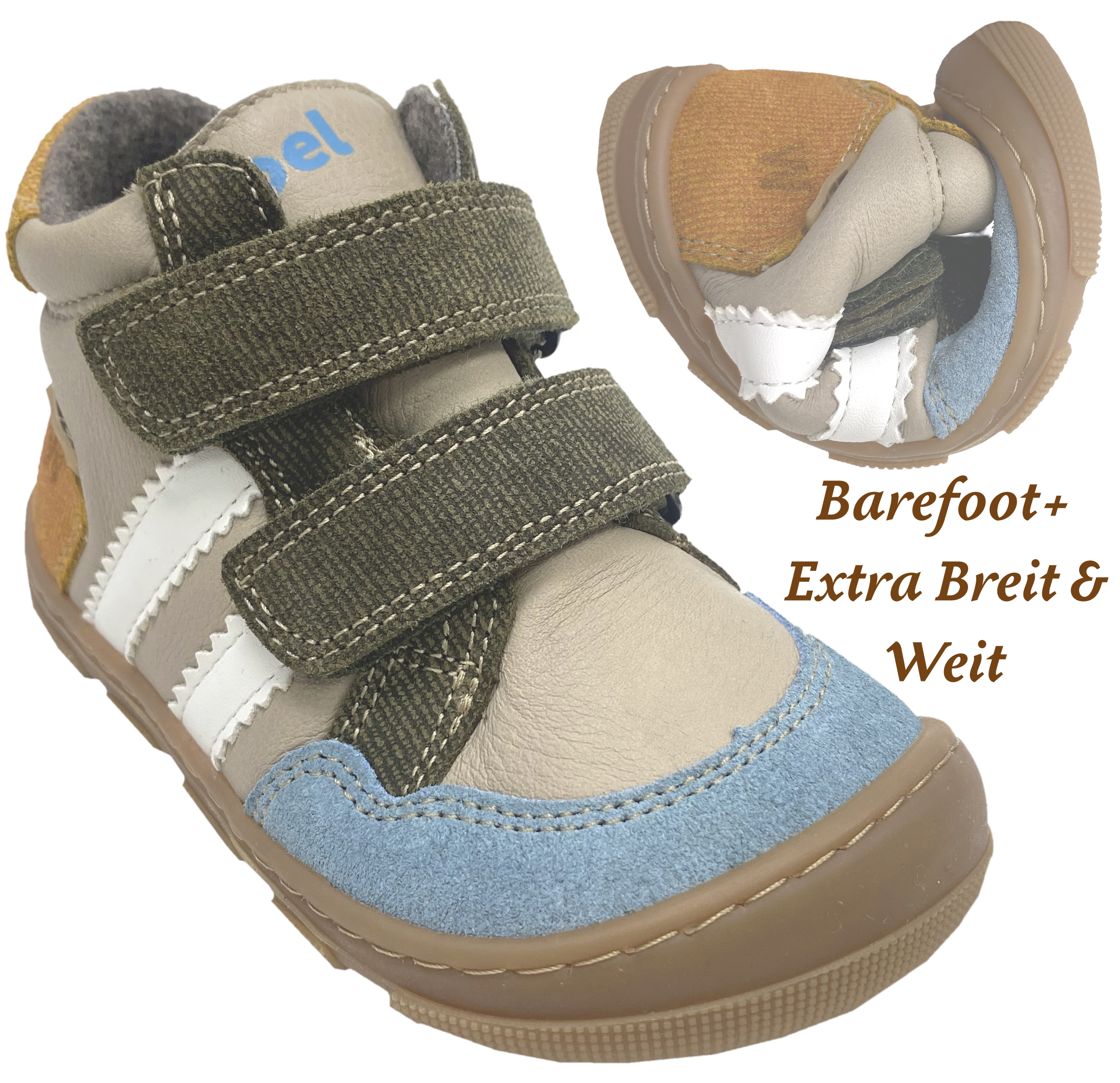 Wollgefütterte TEX Barfußschuhe High Top v. KOEL *KALI Extra Wide* in Beige/Blau/ Gelb 15T007.305