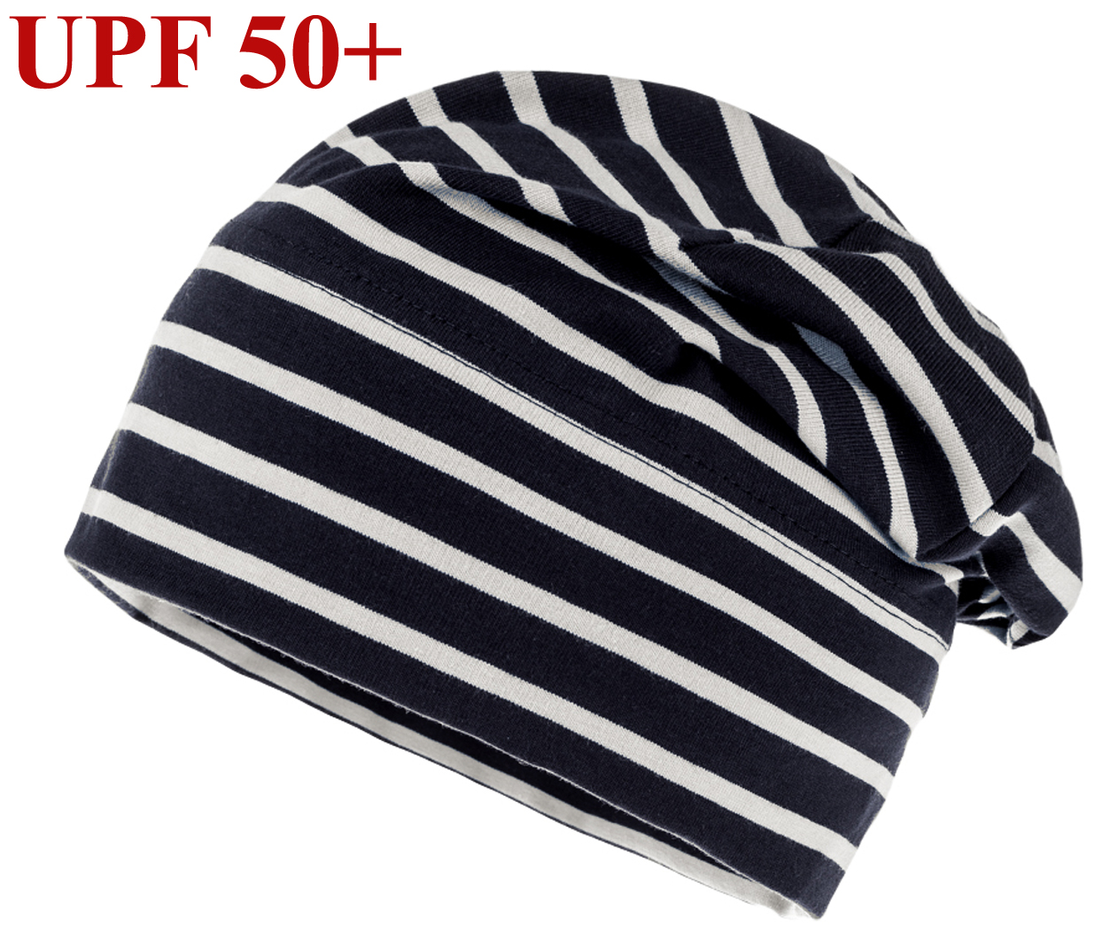 Schlichtes Ringel Jersey Beanie in Marine Blau / Weiß  UPF 50+ von MAXIMO 333186