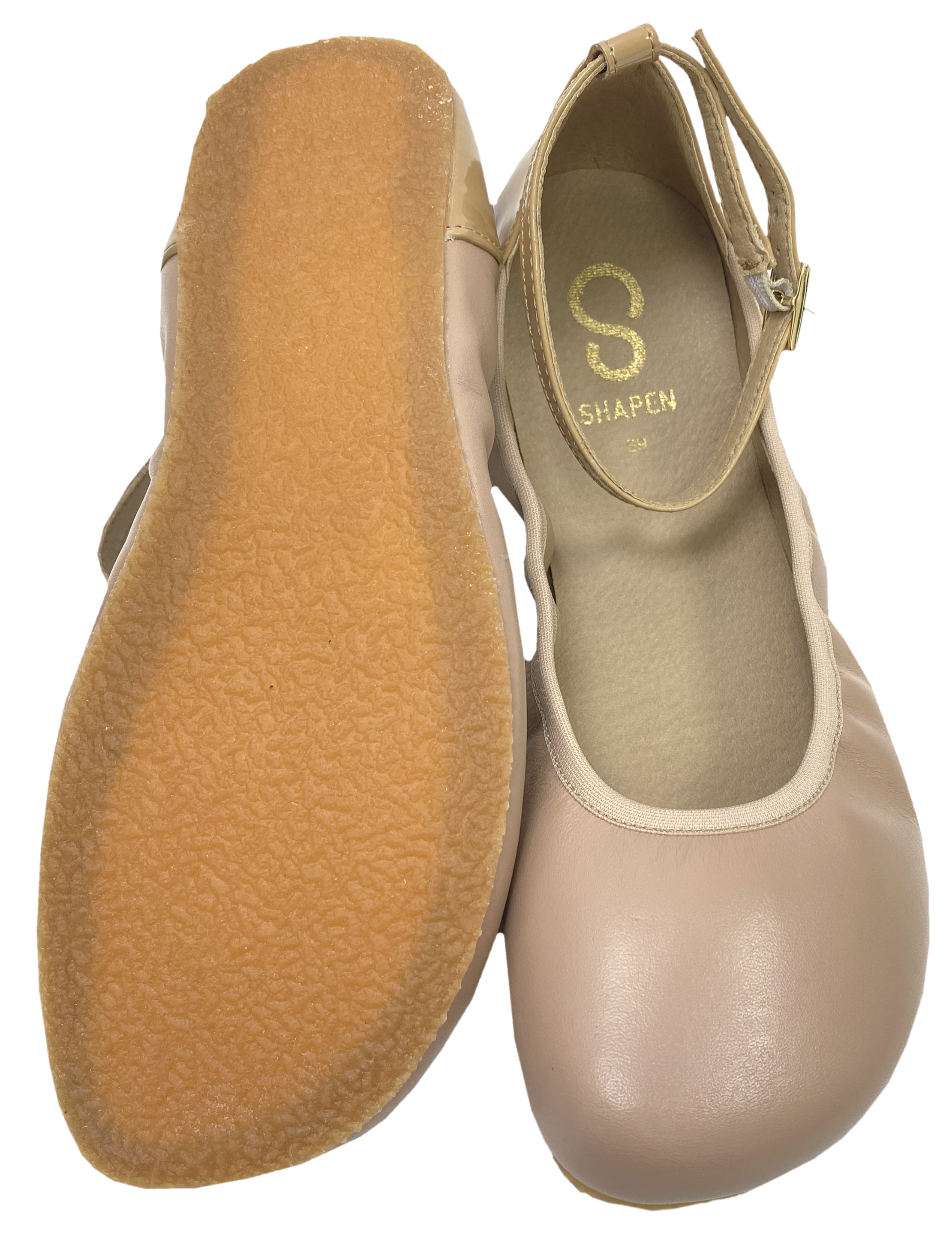 Leder Ballerina 3 mm Krepp Sohle in BEIGE mit Riemchen v. SHAPEN Barefoot *TULIP*