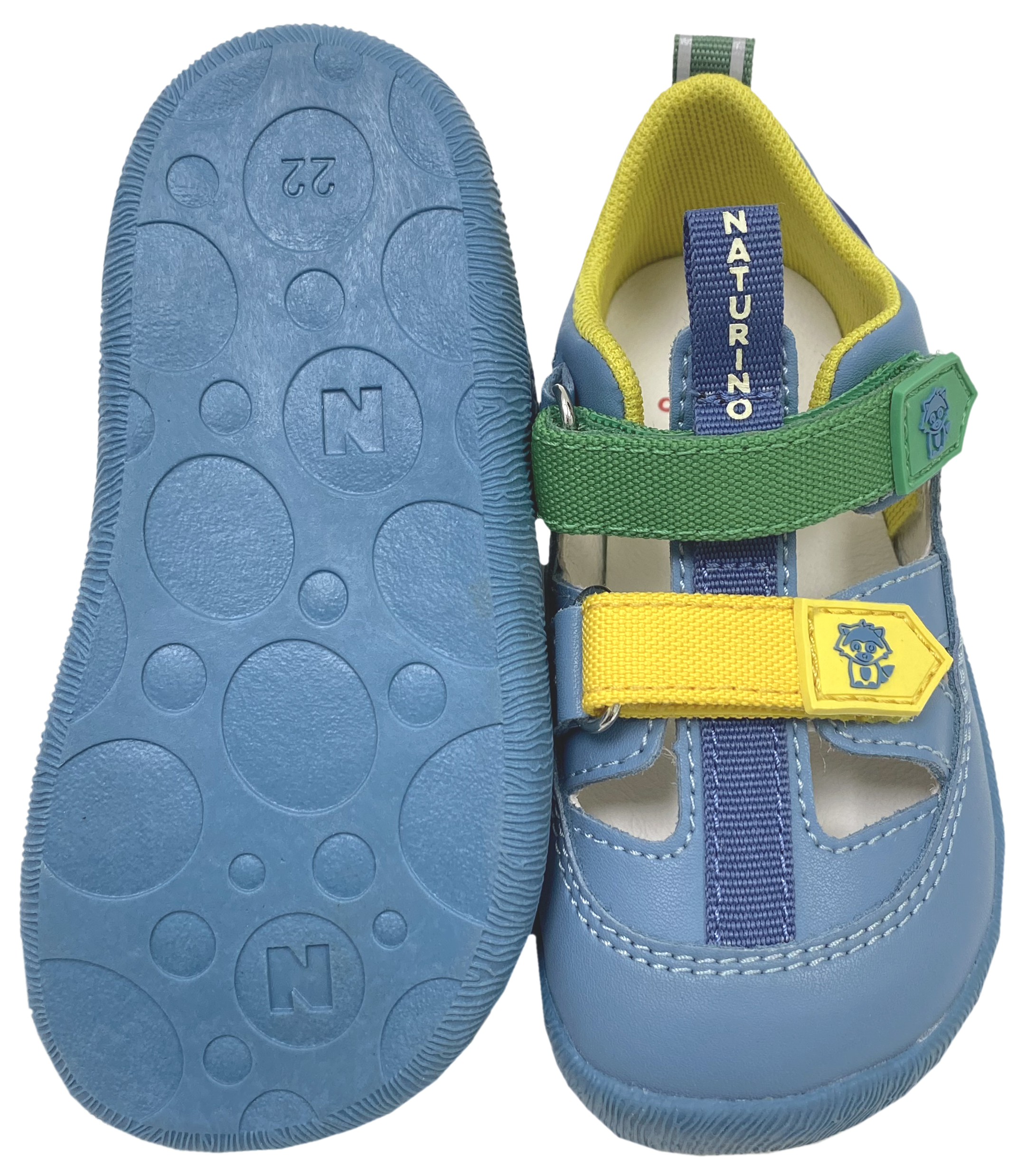 Leder Halbsandale / Barfußschuhe von NATURINO Barefoot Modell GIOMMY in Mare / Jeansblau / Gelb / Grün