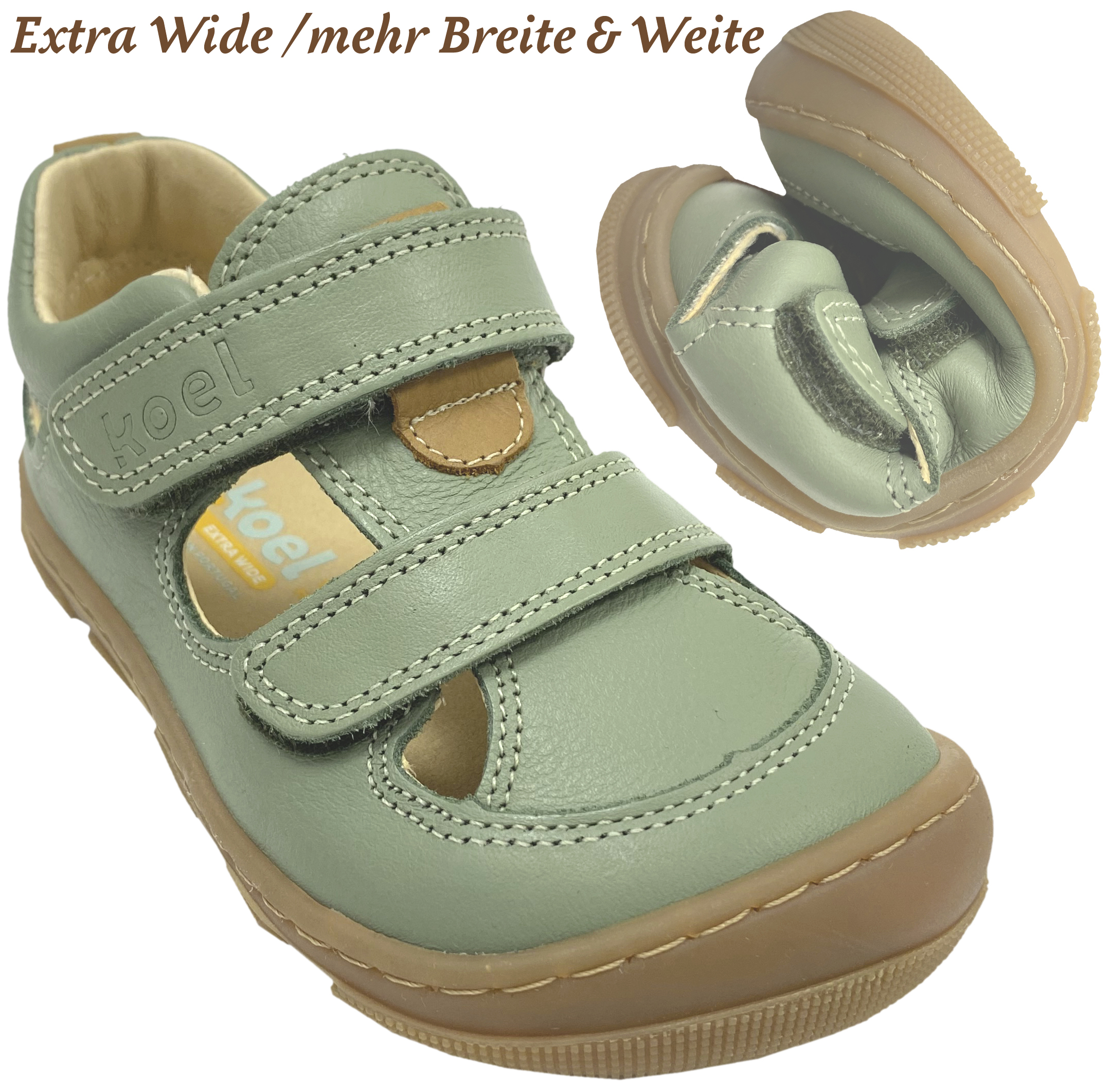 Halbsandale aus Leder / Barfußschuhe für kräftige Füße von KOEL * KATO * in Olive 15W003.101