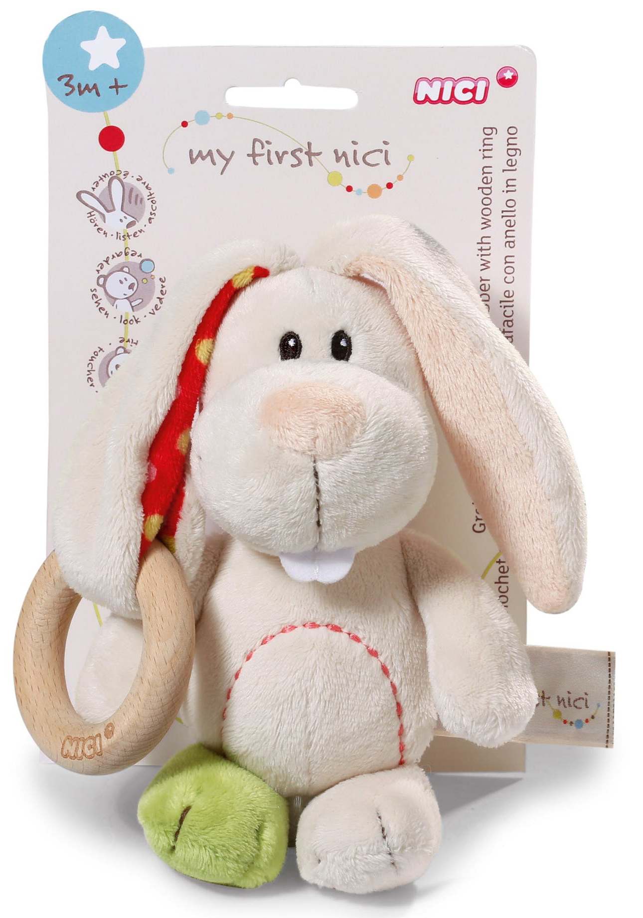 Plüschtier / Greifling mit Rassel - Hase - in Beige / Bunt mit Holzring von NICI  37879