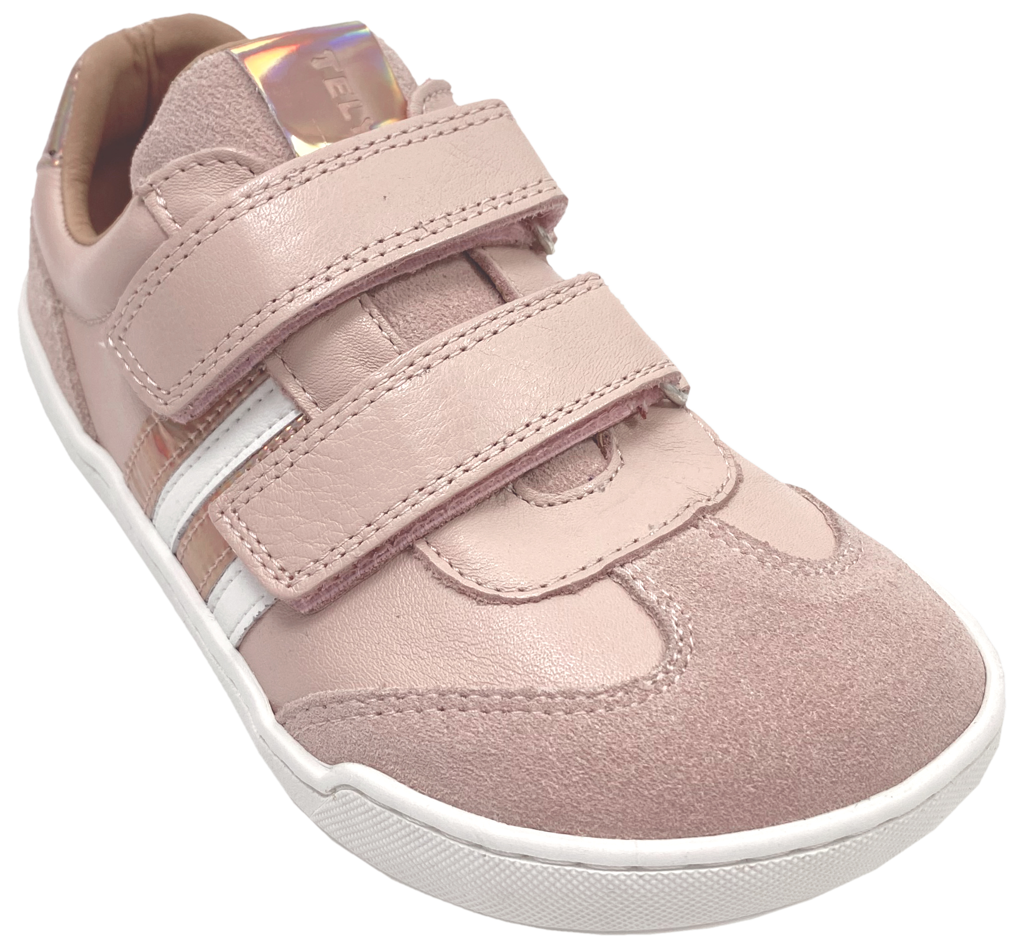 Leder Sneaker / Barfußschuhe + seitliche Zierstr. mit Doppelklett in Rosa + Glitzer von TELYOH Barefoot / Runner