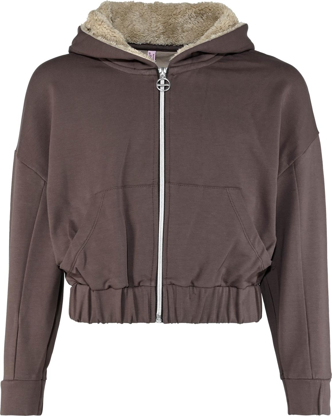 Sweatjacke + Kapuze Teddyfell innen, Cropped Länge, Oversize Schnitt in Braun v. BLUE EFFECT 8169