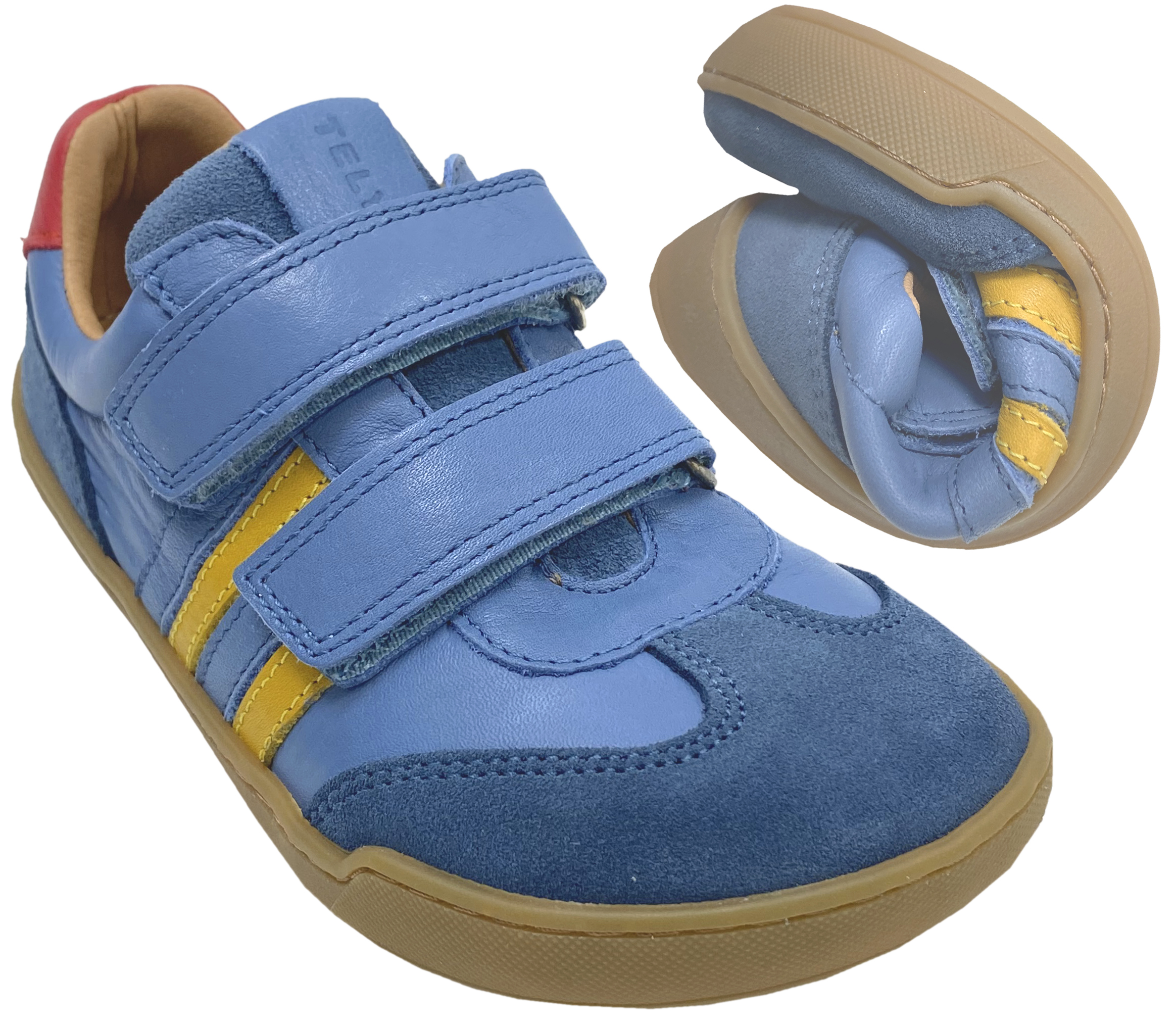 Leder Sneaker / Barfußschuhe + seitliche Zierstr. mit Doppelklett in Jeans / Rot / Gelb von TELYOH Barefoot / Runner