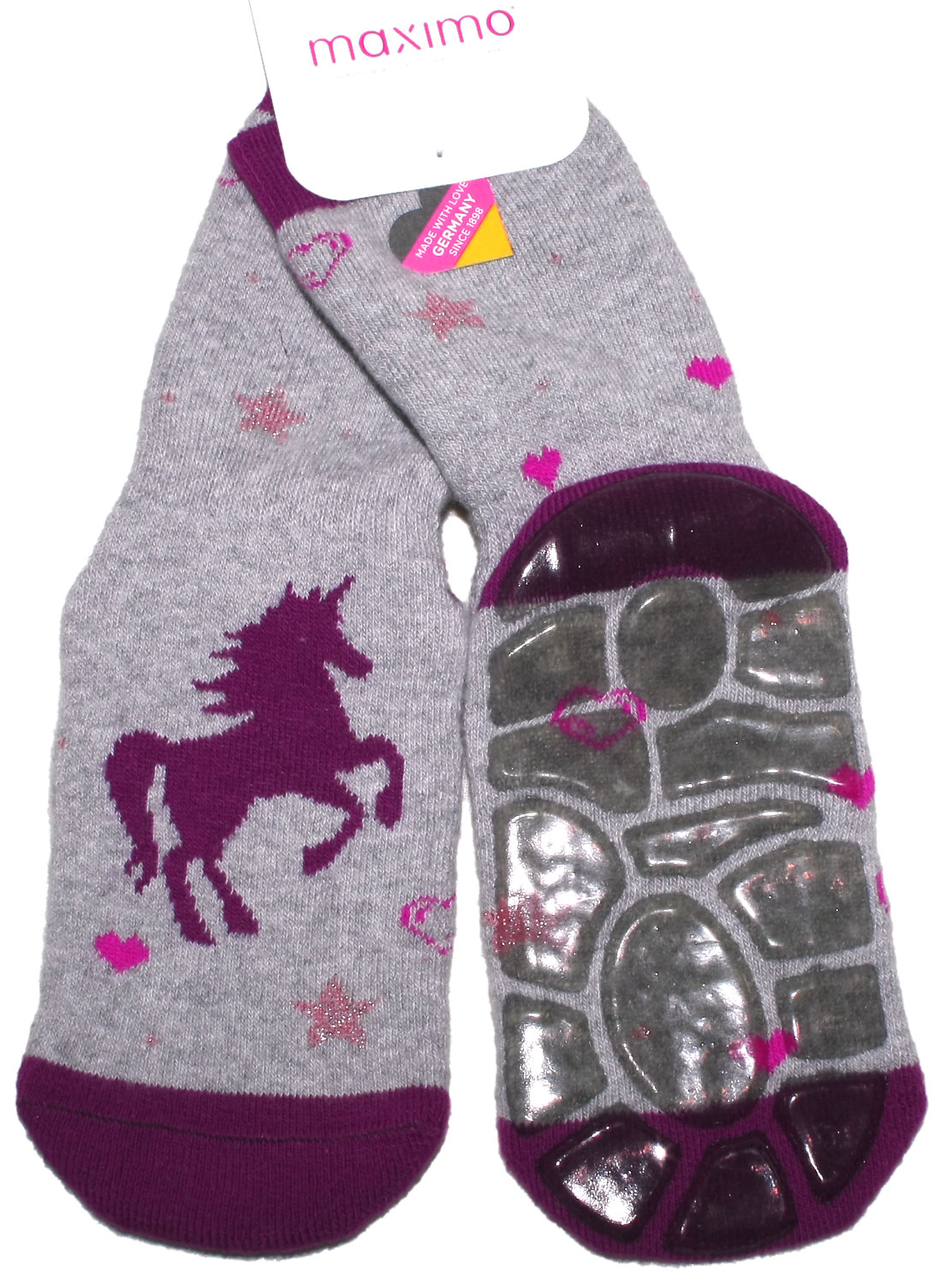Stopper Socken, rutschfeste Silikon Sohle Motiv Einhorn auf Hellgrau von MAXIMO 337075