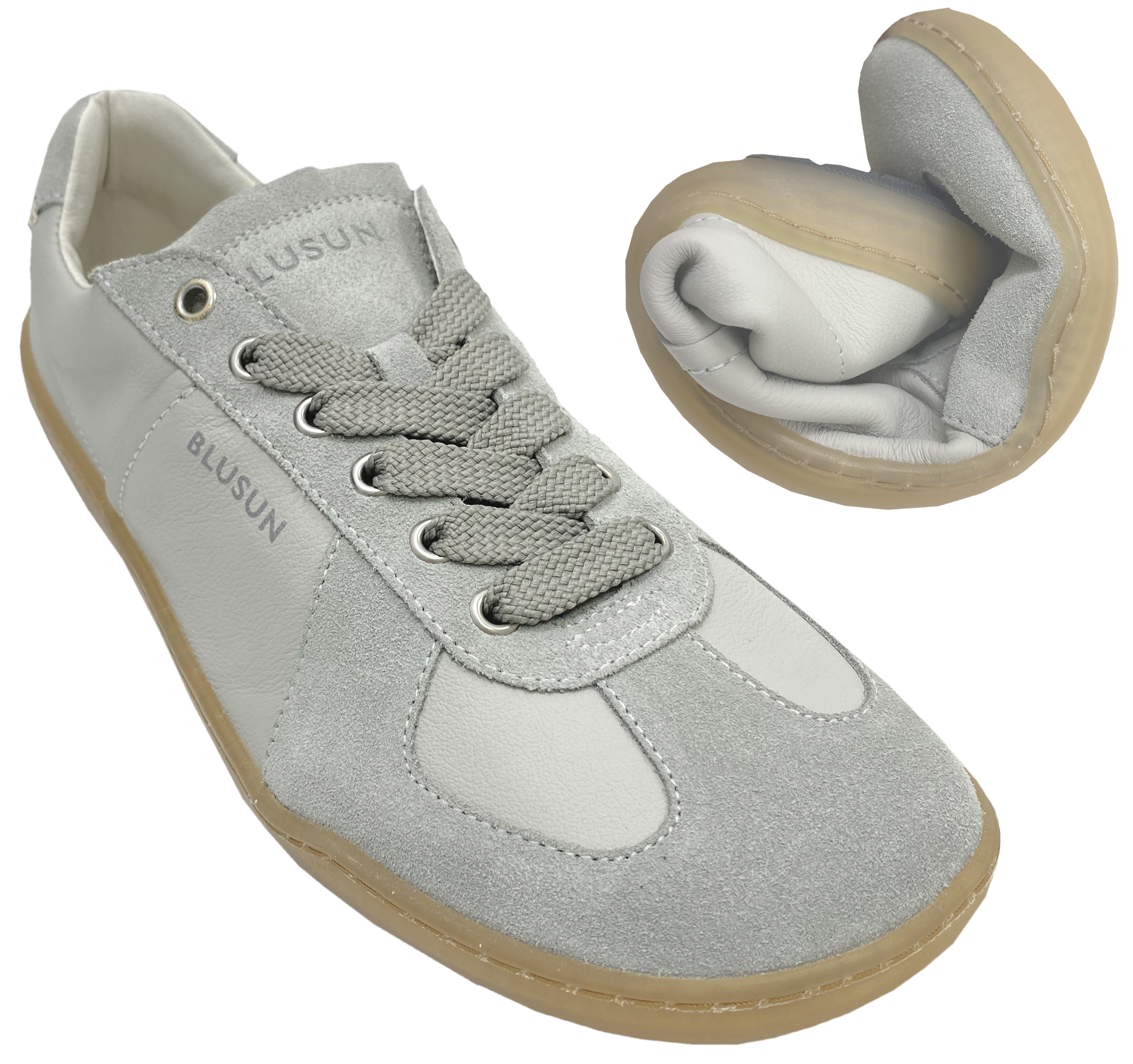 Sportlich schlichter Sneaker / Barfußschuhe in Hell Grau von BLUSUN aus Leder BLSN-200M+W