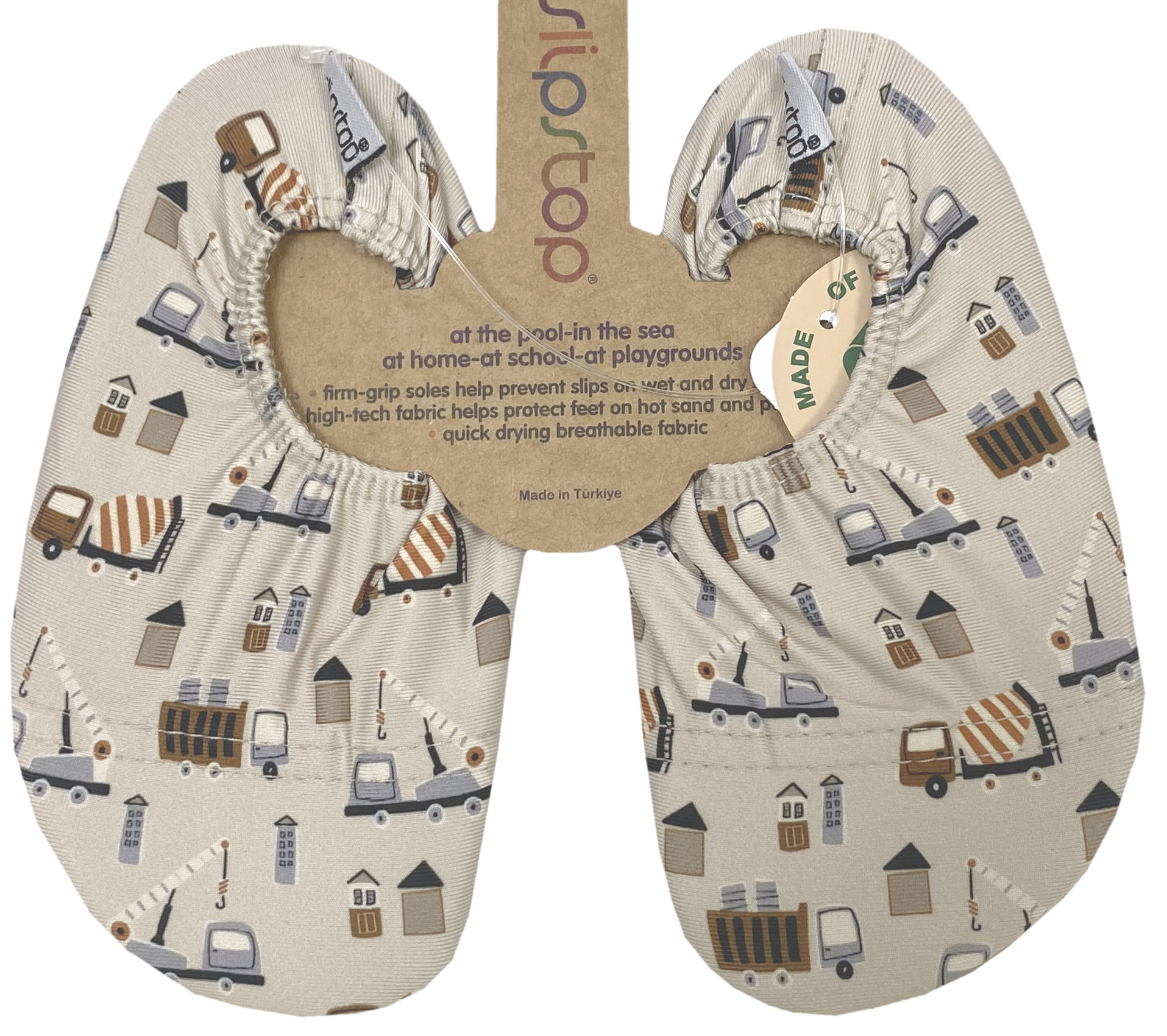 Slip Stop Badeschuhe / Turnschläppchen Barfußschuhe *Luke / Baustellenfahrzeuge auf Beige *