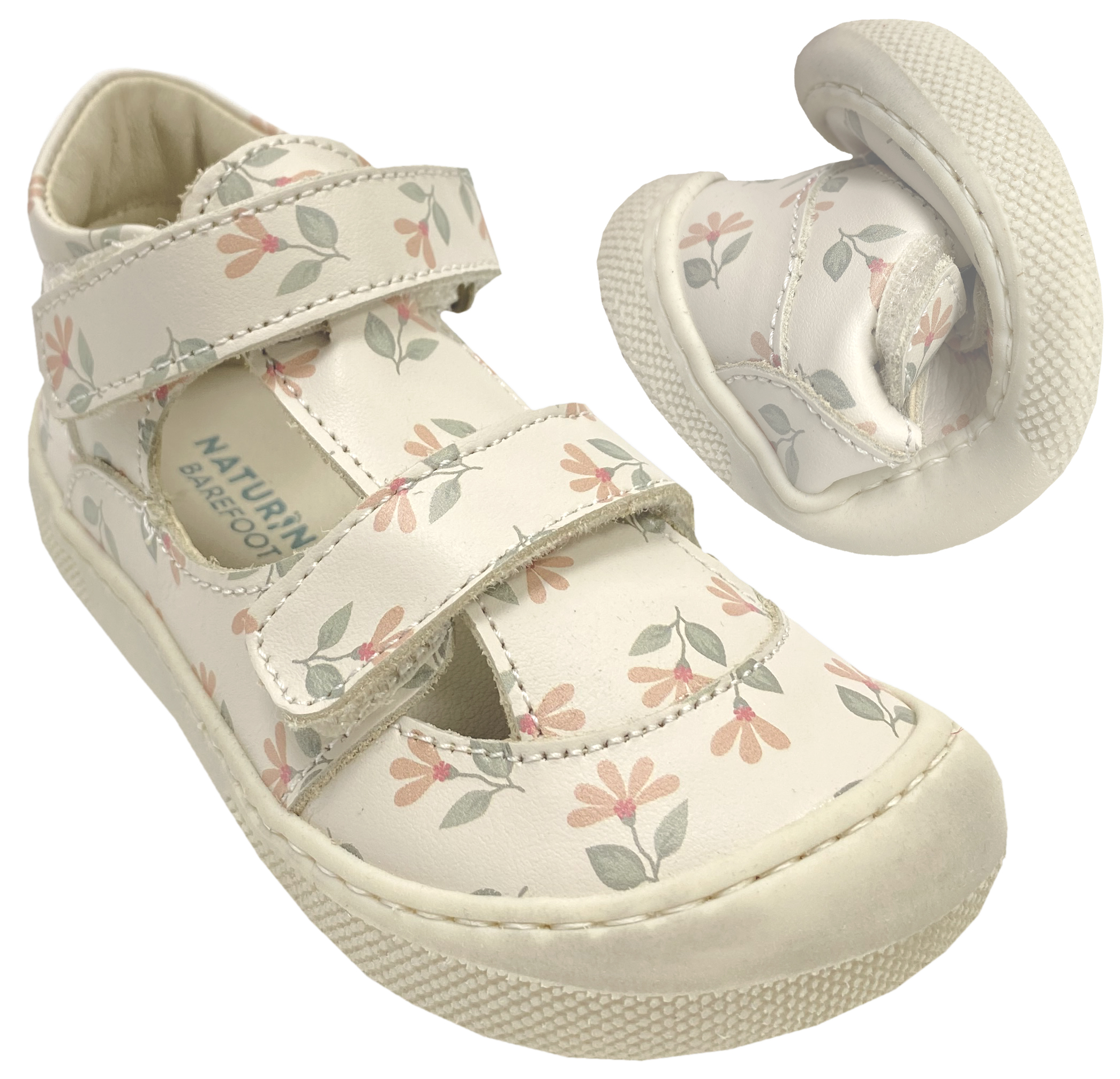 Halbsandale / Minimalschuhe aus Leder + Doppelklett NATURINO Barefoot "IRTYS" Creme mit Blüten Muster