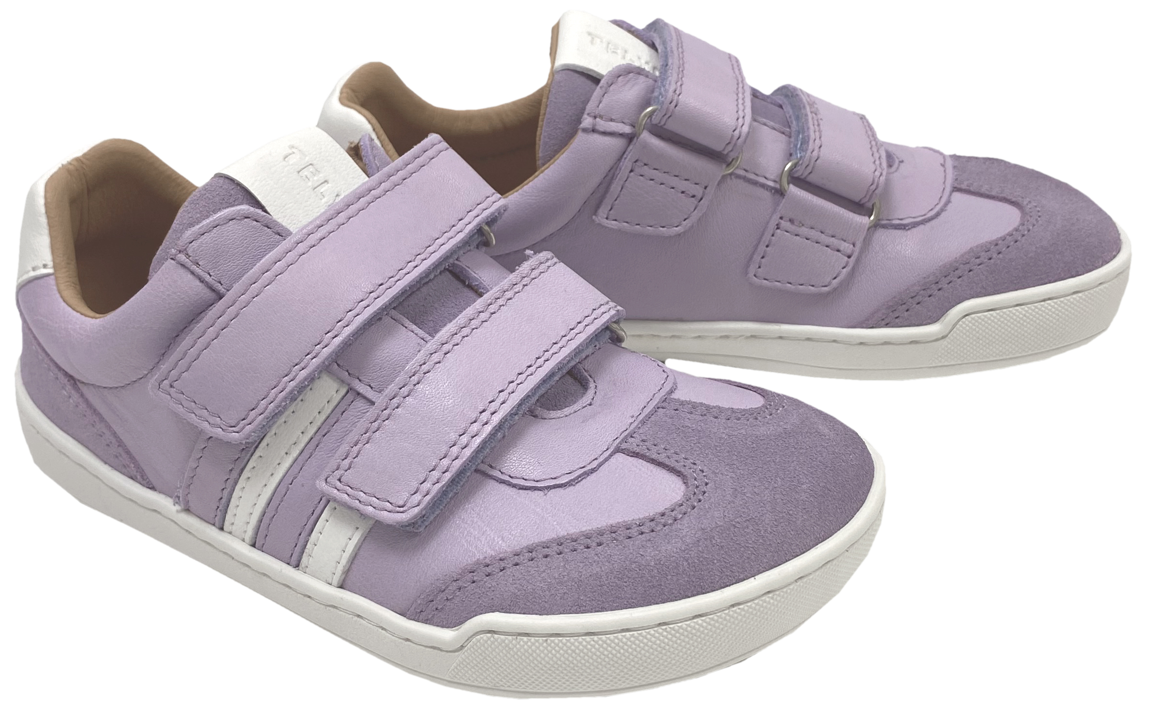 Leder Sneaker / Barfußschuhe + seitliche Zierstr. mit Doppelklett in Lila / Weiß von TELYOH Barefoot / Runner