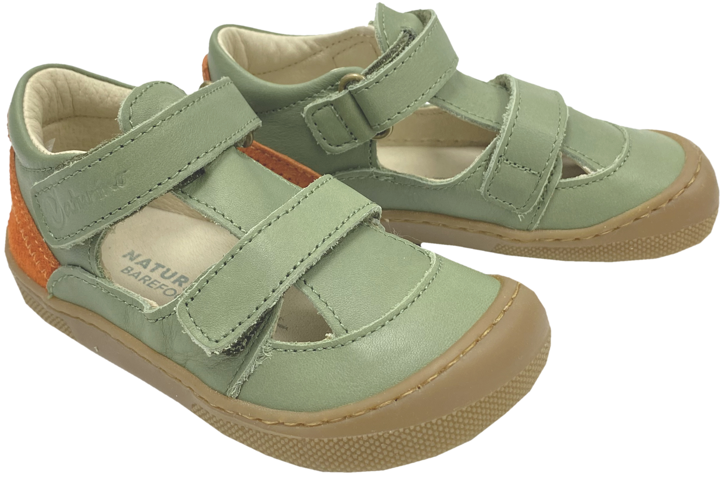 Halbsandale / Minimalschuhe aus Leder mit Doppelklett von NATURINO Barefoot "IRTYS" in Leaf (Grün Ton)- Orange
