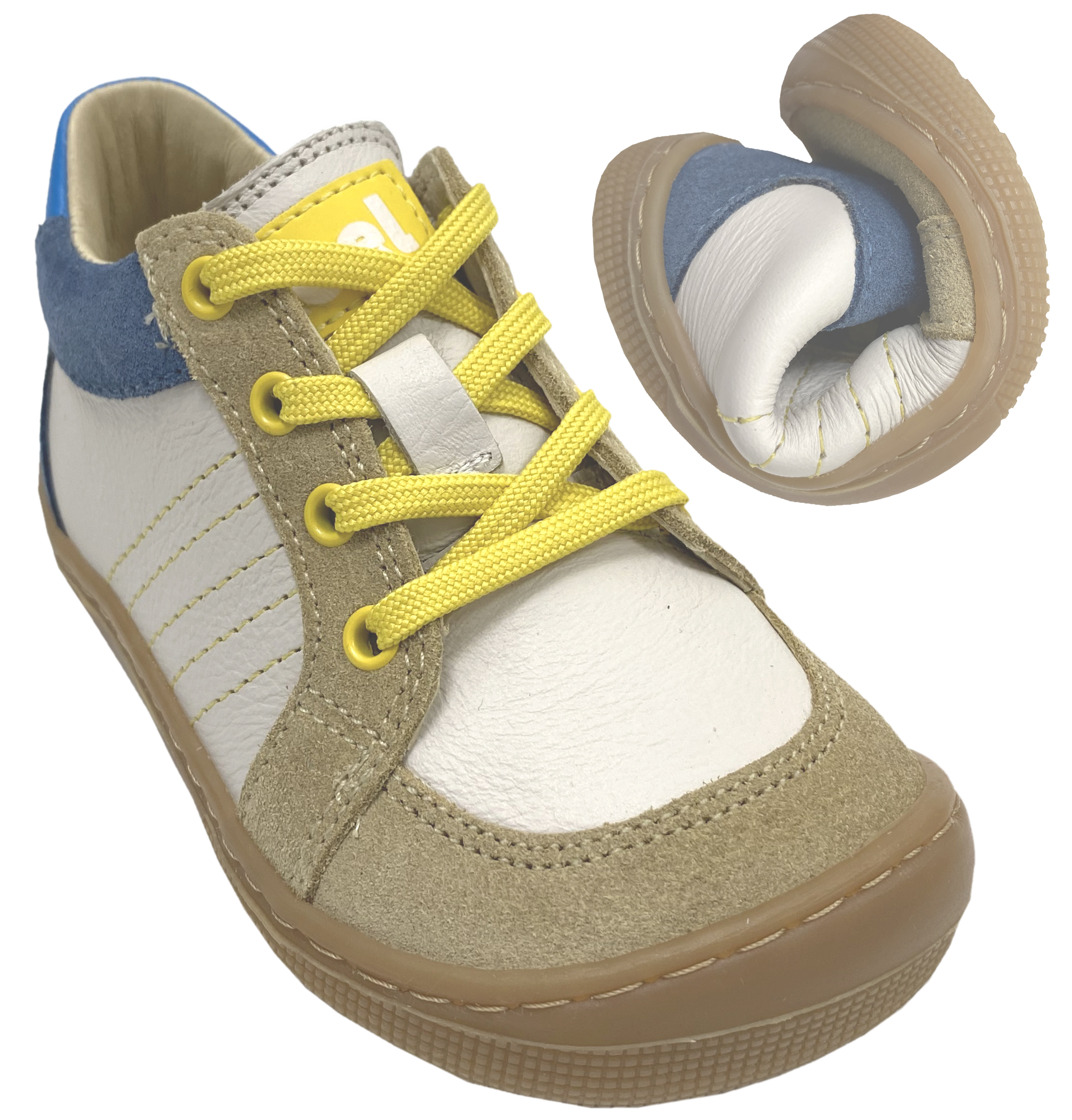 Halbhoher Leder Barfußschuh zum schnüren von KOEL in Beige / Blau / Gelb * Dion *