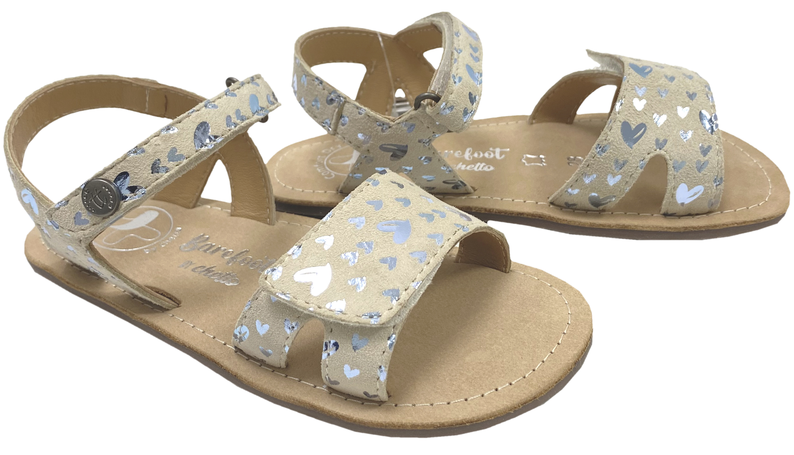 Sandale mit Minimalsohle /Barfuß Sandale Beige mit Silbernen Glitzerherzchen CHETTO Barefoot 1126020