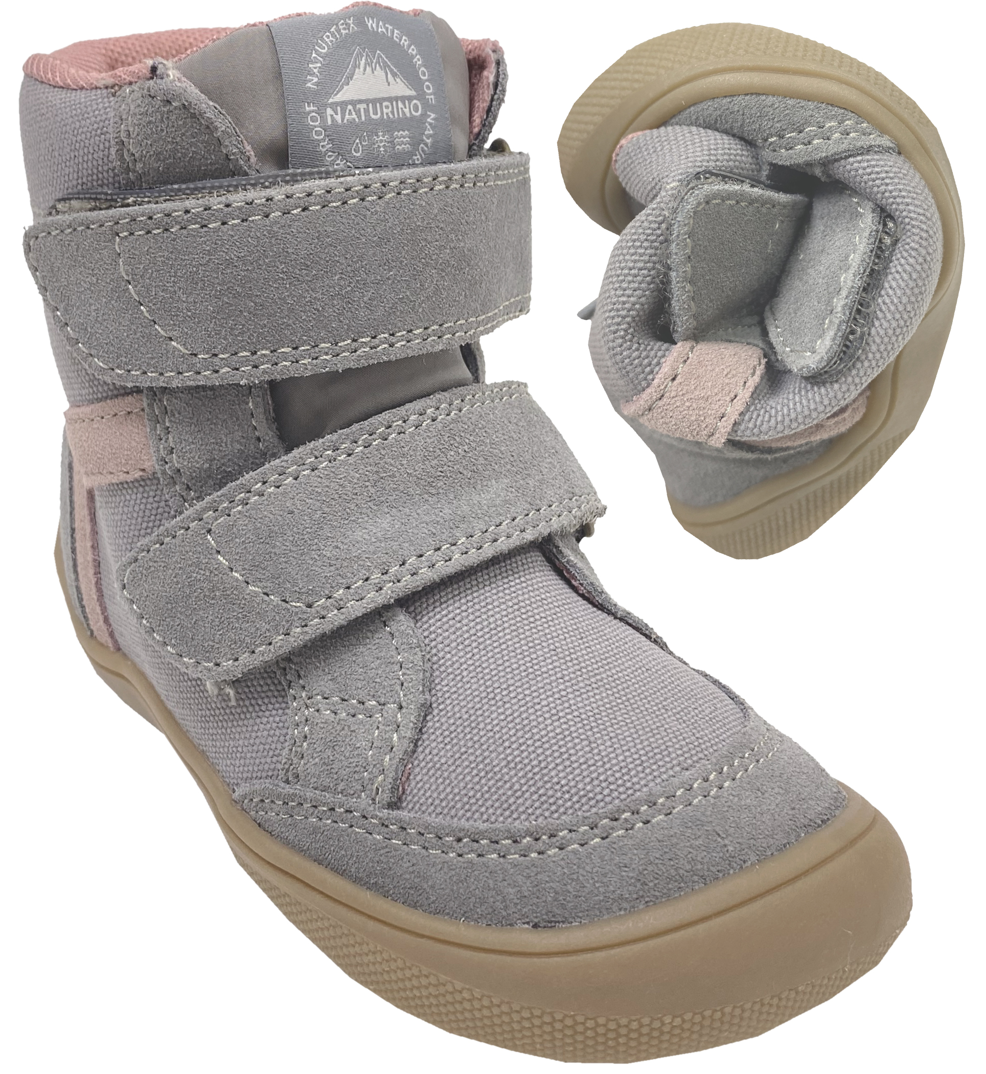 Winterstiefel aus Suedeleder, TEX Membran + Schurwollfutter NATURINO Barefoot KODDAS in Grau / Rosa