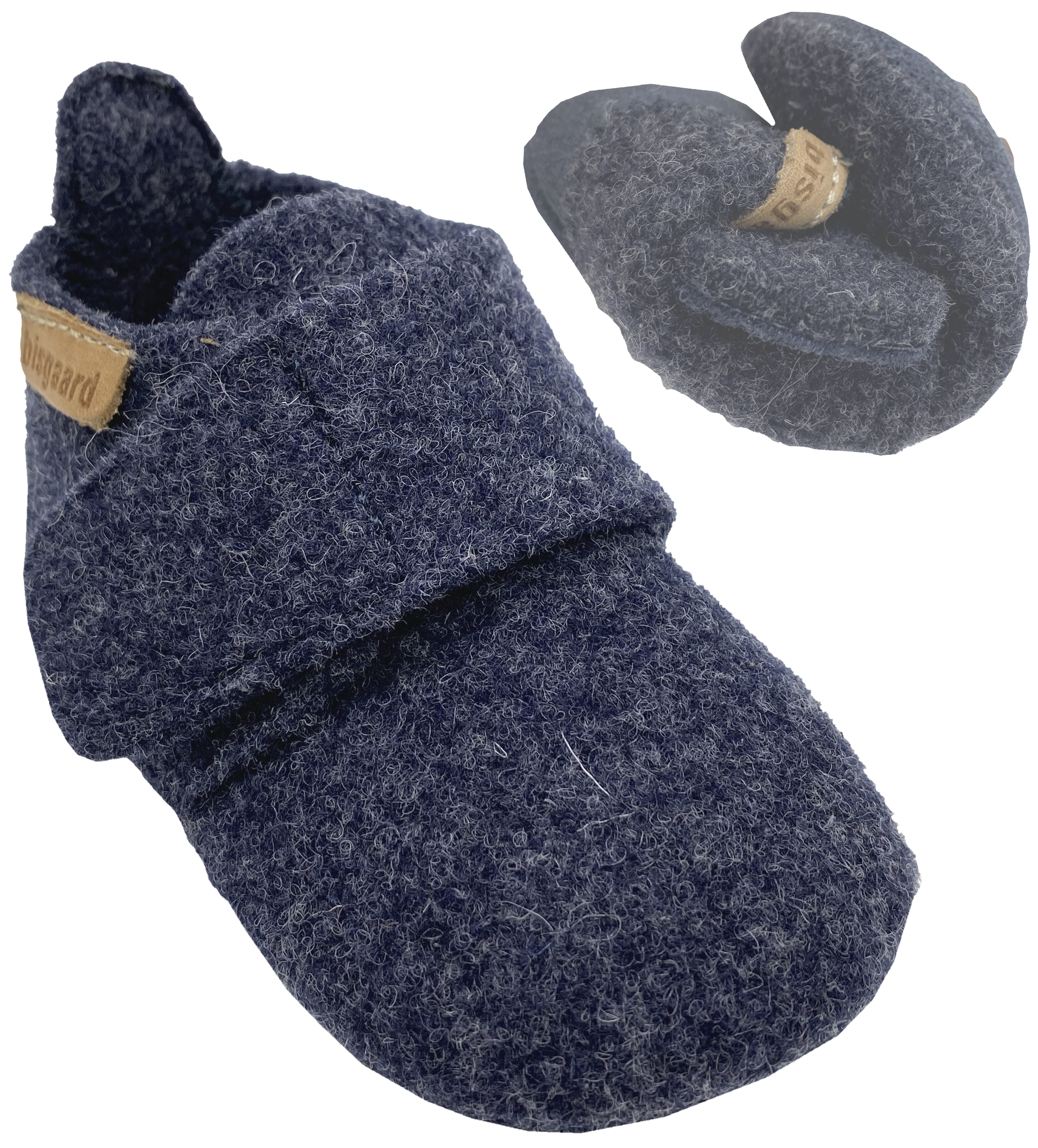 Wollfilz Kleinkind Hausschuhe mit Klett & rutschhemmender Gummisohle von BISGAARD in DKL Blau