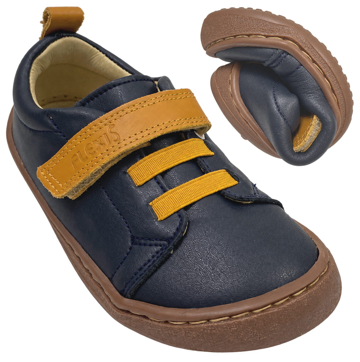 Leder Sneaker / Barfußschuhe von FLEXI NENS in Marine / Ocker Gelb mit Klett & Zierschnürung 9006-R