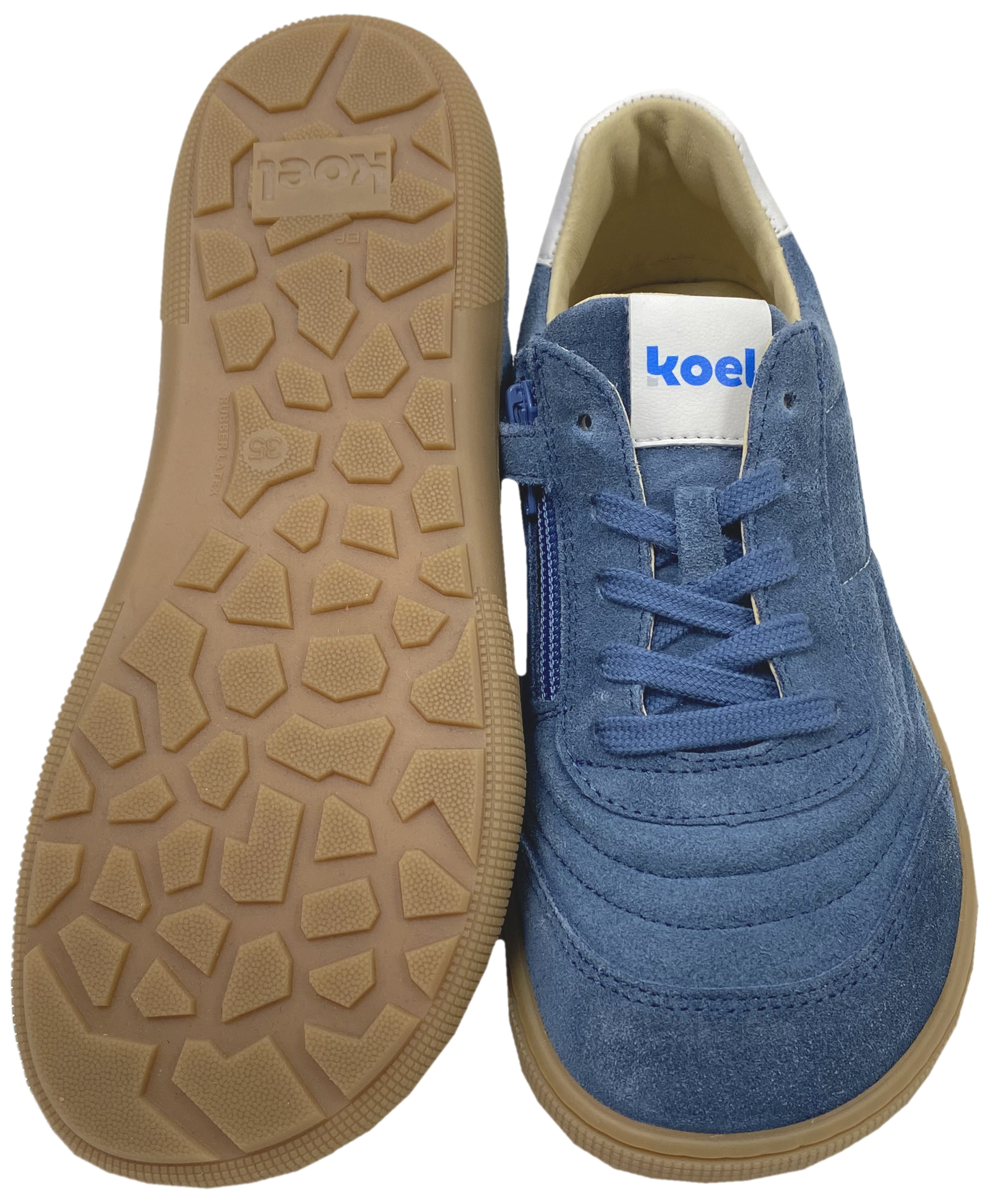 Barfuß Sneaker DUSTIN Suede Leder Jeansblau Schnürer + Reißverschluß von KOEL Barefoot 08M051.301
