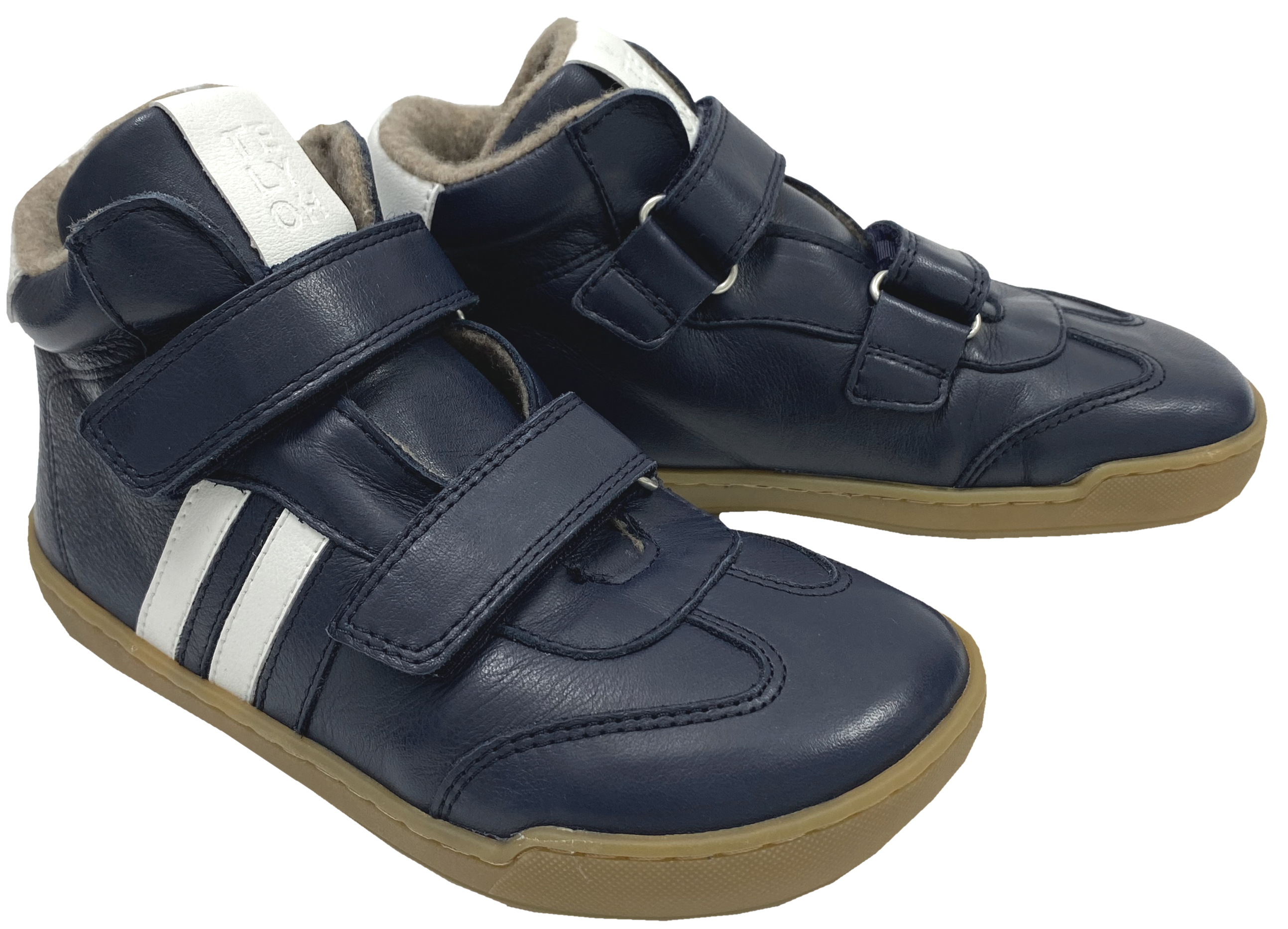 Mid Top Lederschuhe, Doppelklett & Wollfleece Futter v. TELYOH  Barefoot Runner Stripes in Navy
