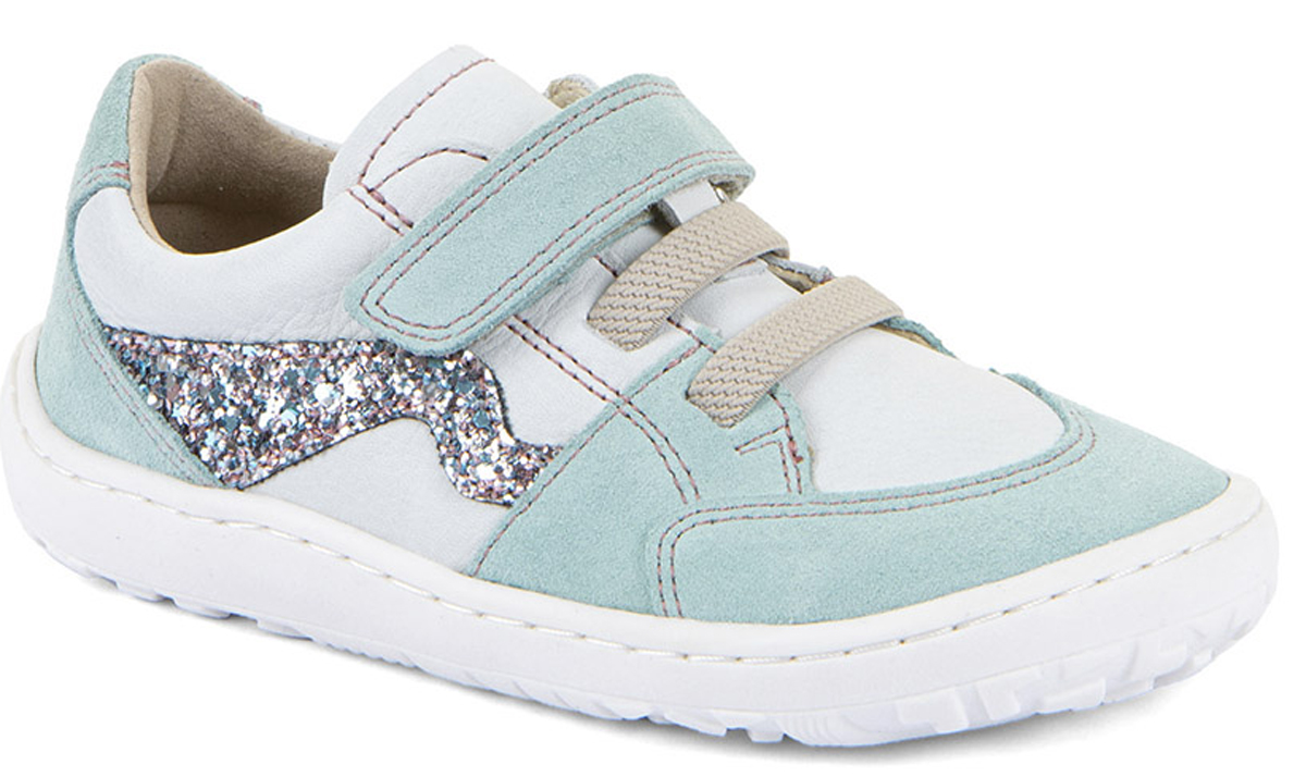 Leder Sneaker mit Klett & Zierschnürung * Barefoot River * Weiss Mint Glitzer FRODDO G3130286