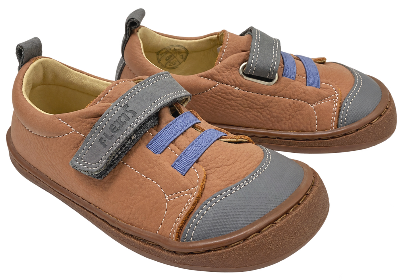 Leder Sneaker / Barfußschuhe von FLEXI NENS in Altrose Caramell / Jeansblau mit Klett & Zierschnürung 9005-R