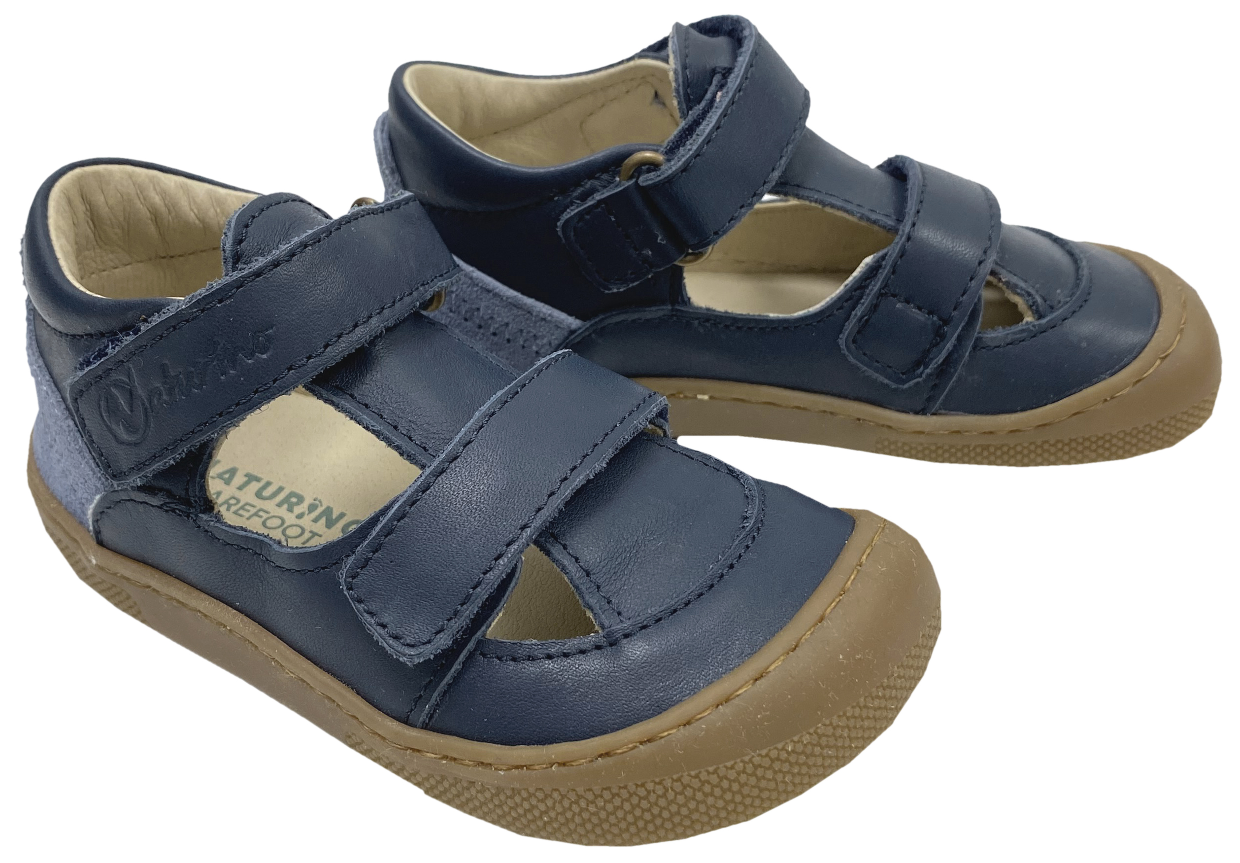 Halbsandale / Minimalschuhe aus Leder mit Doppelklett von NATURINO Barefoot "IRTYS" in Navy Celeste