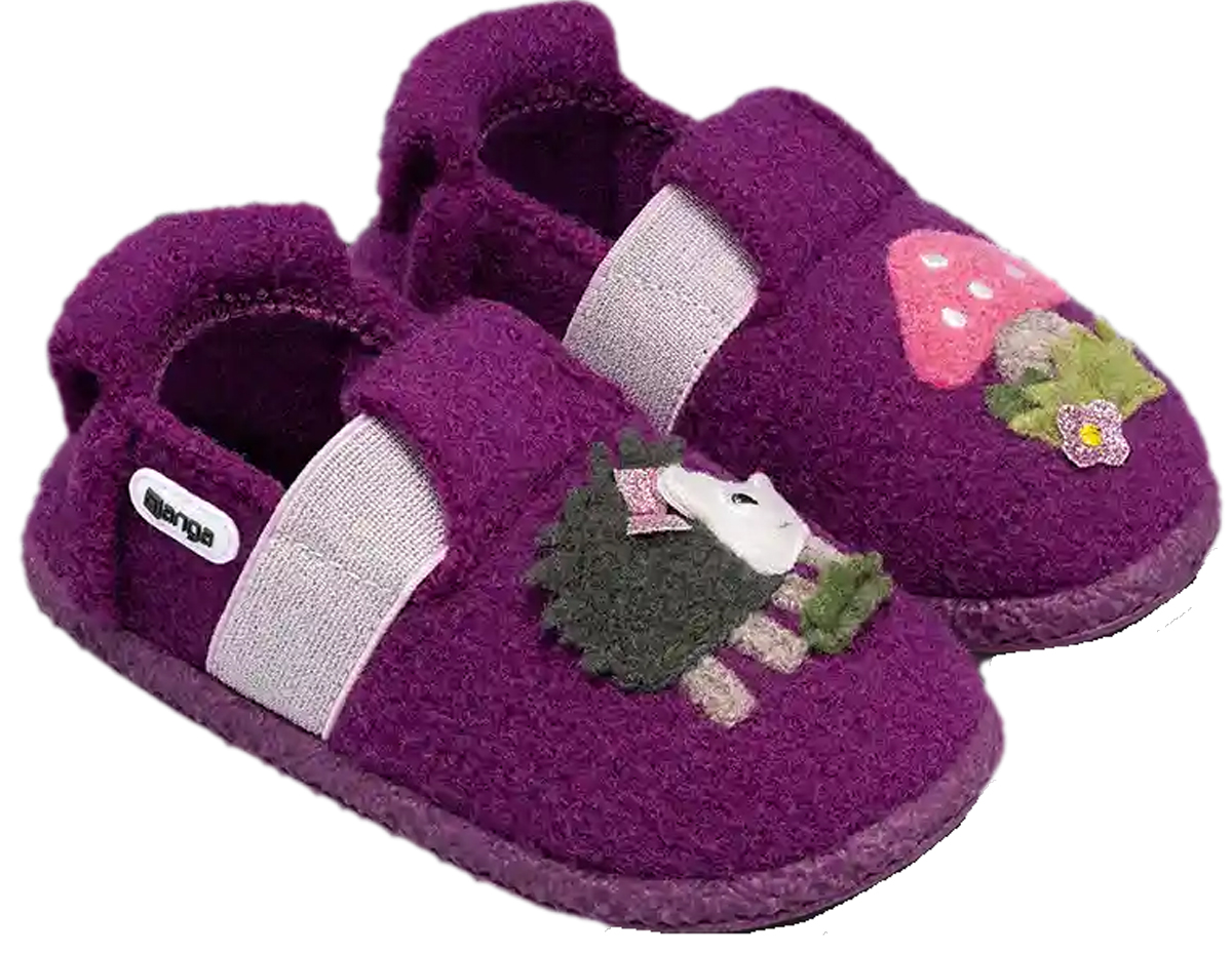 Schlupf - Hausschuhe aus Wolle, TPR Sohle von NANGA * Pricky Hedgehog 2.0 Bordeaux / Violett *