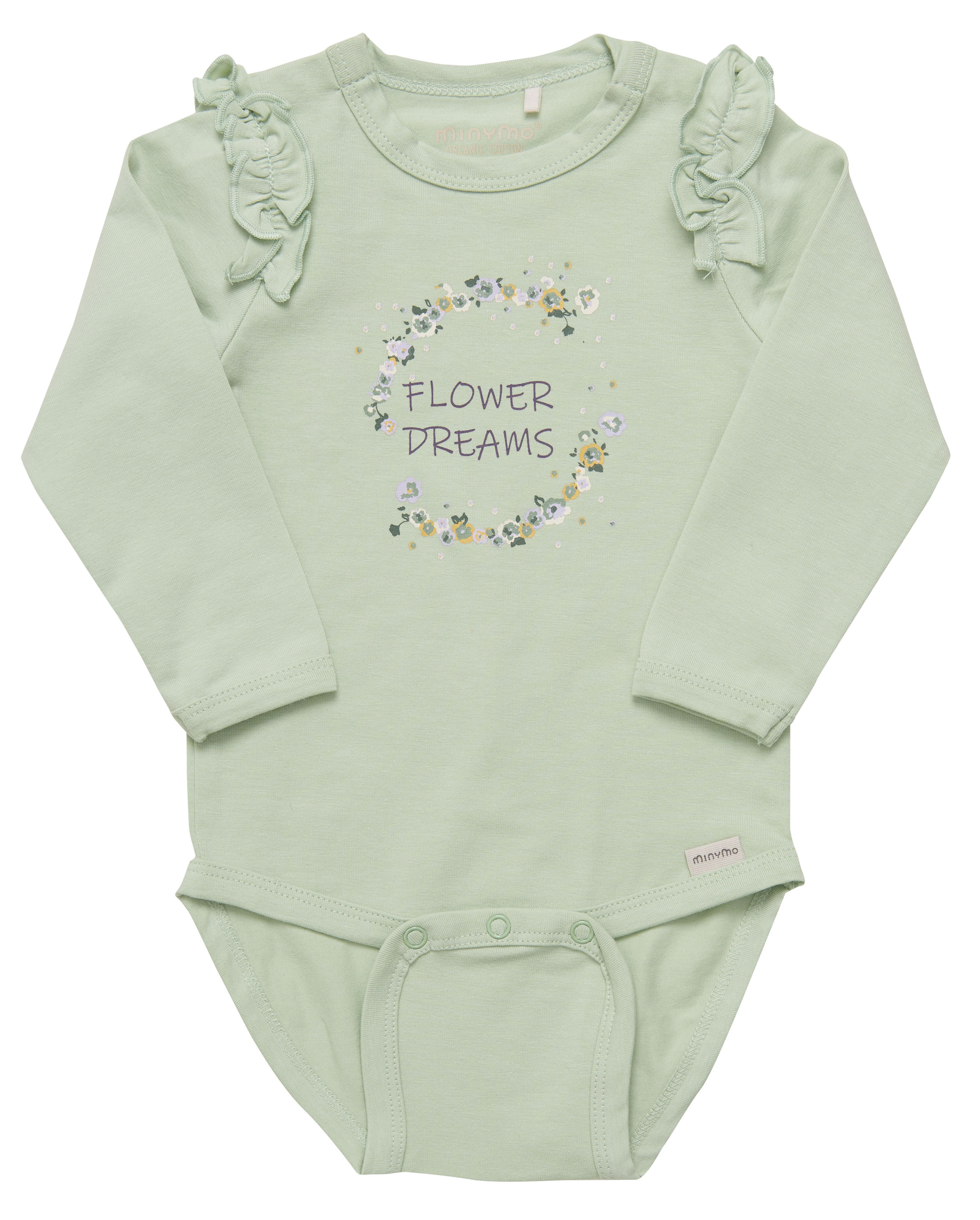 Süßer Langarmbody aus BIO BW Jersey in Zart Mint mit Flower Print & Rüschenkante von MINYMO 111711