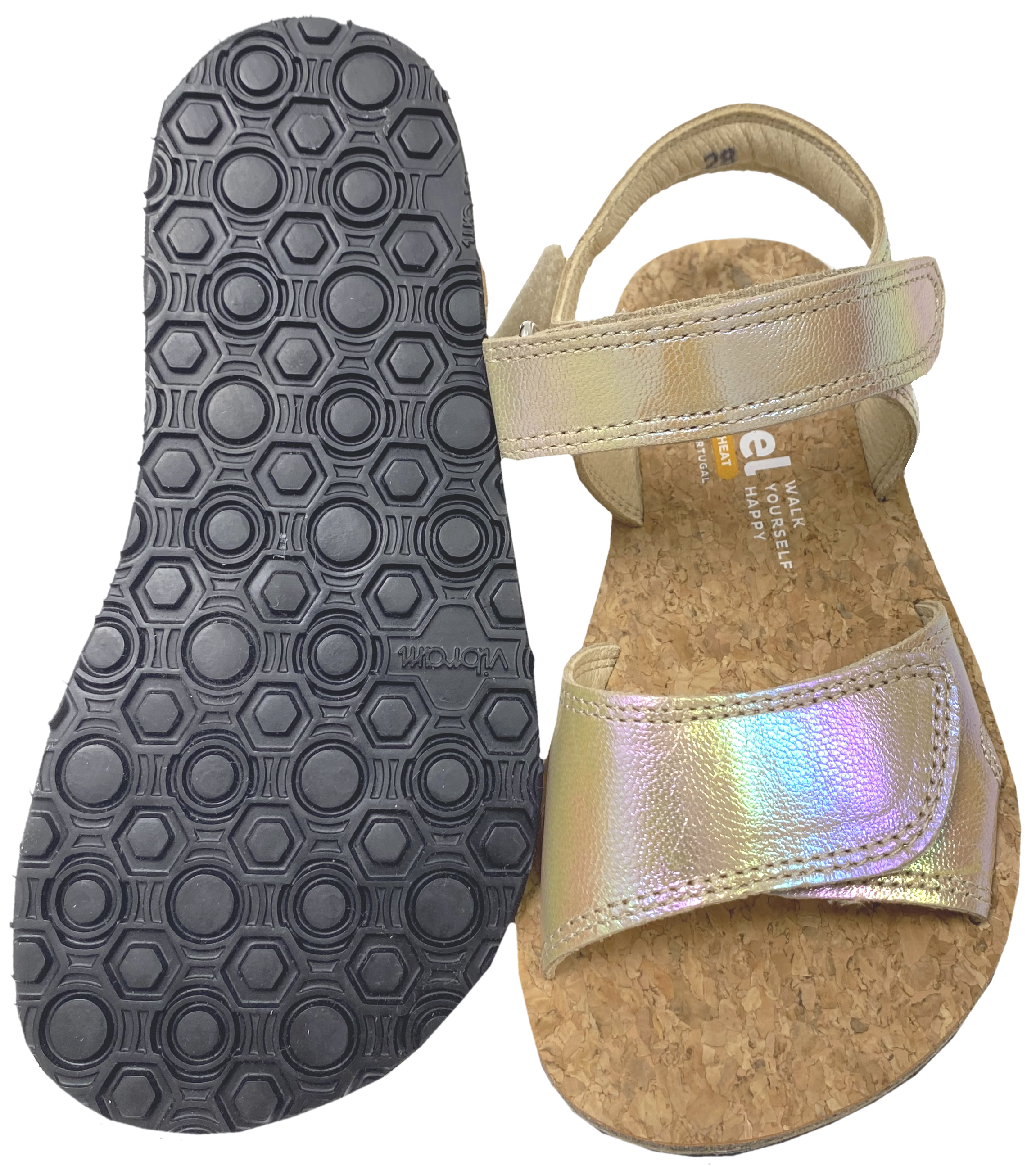 Sandale mit Minimalsohle, Korkbezug und Lederriemchen in Gold Glitzer von KOEL Barefoot *Ashley Metalic *