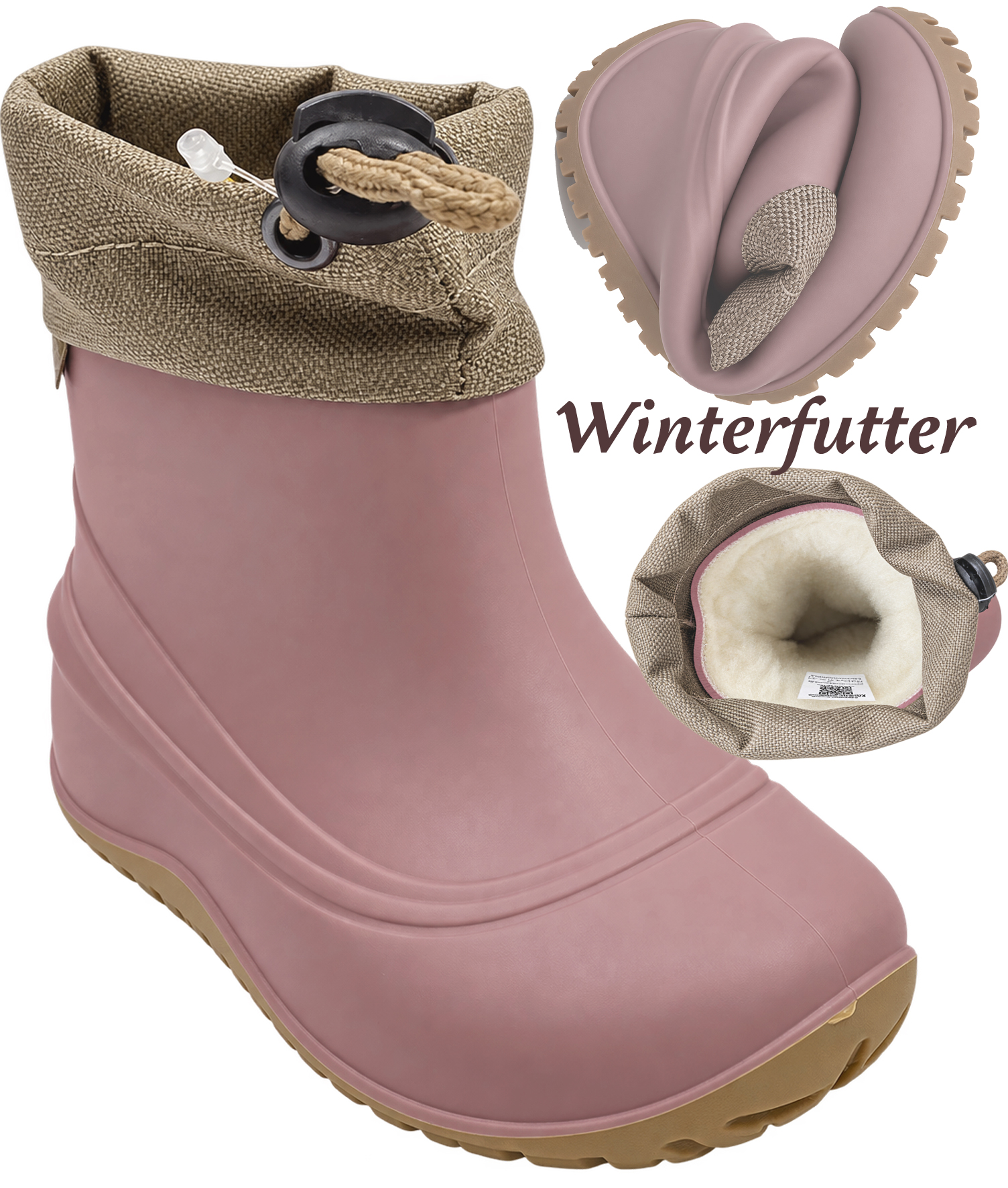Ultra leichter Barfuß Gummistiefel Winterfutter, Kordelstopper am Kragen von LURCHI Polar Barefoot in Rose