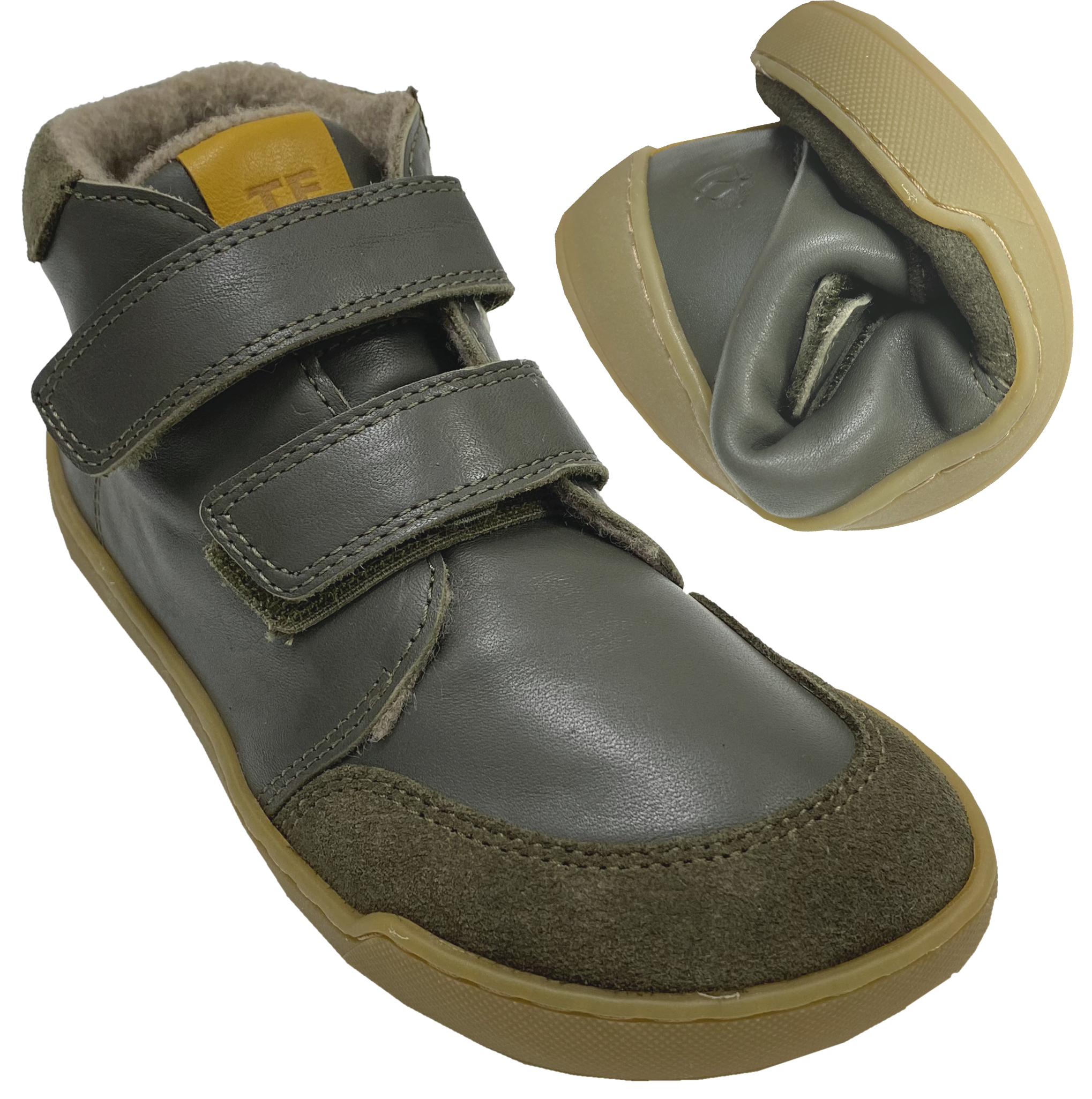 Knöchelhohe Lederschuhe, Doppelklett & Wollfleece Futter von TELYOH  Barefoot Runner in KHAKI