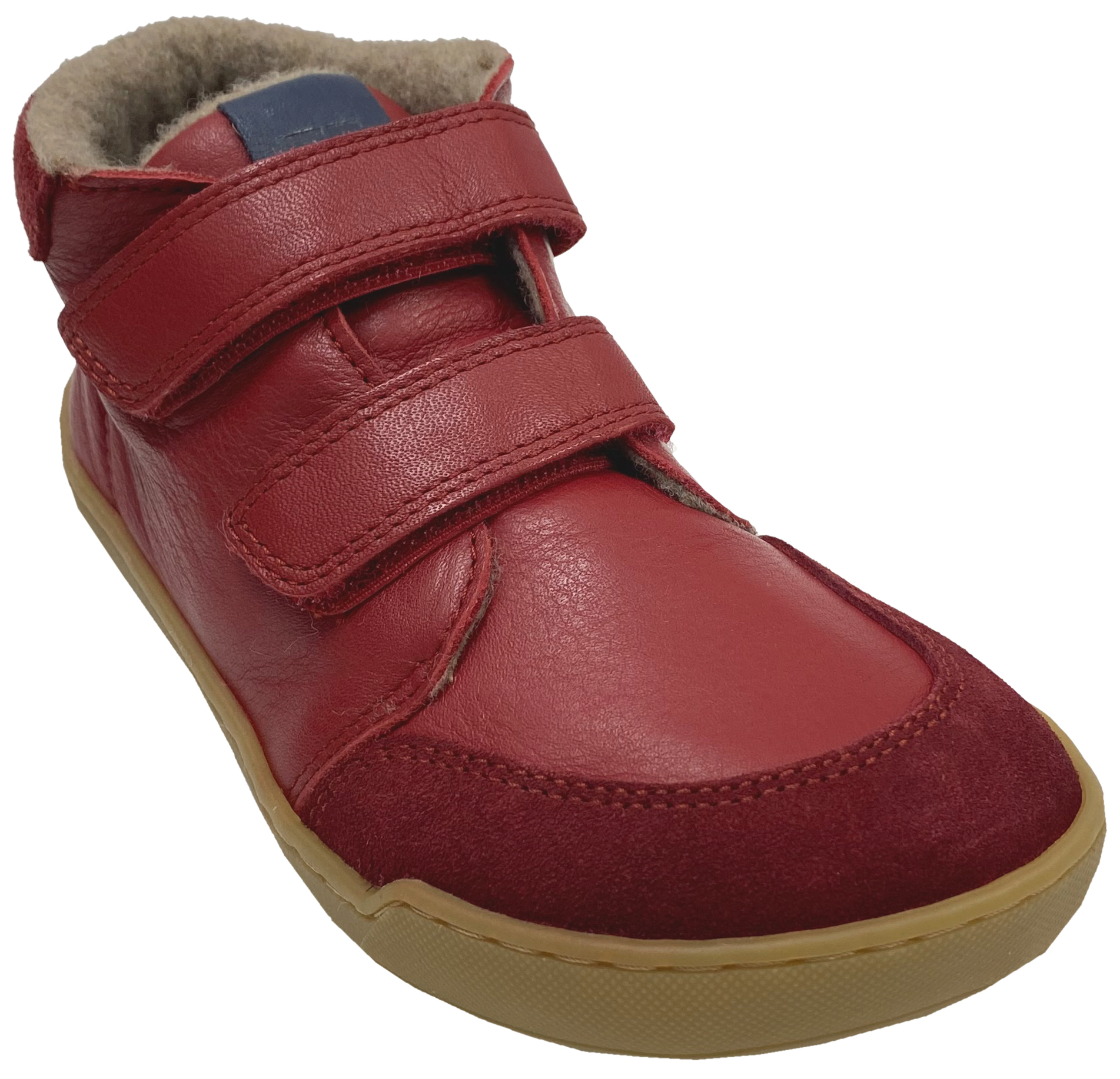 Knöchelhohe Lederschuhe, Doppelklett & Wollfleece Futter von TELYOH  Barefoot Runner in DKL Rot