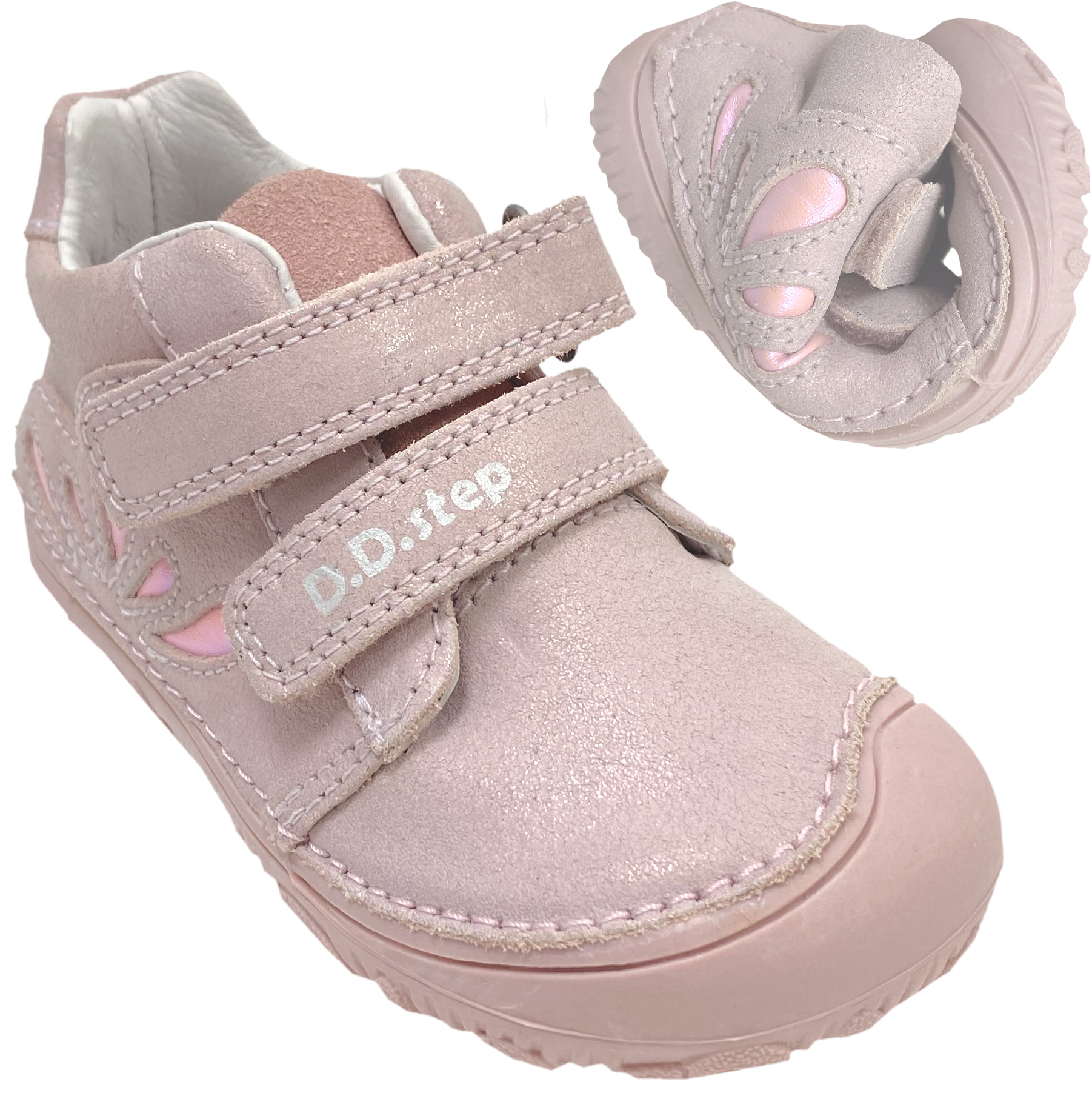 Knautschige Leder Halbschuhe / Minimalschuhe von D.D.Step Barefoot in Rosa Glitzer mit Cut Out Detail