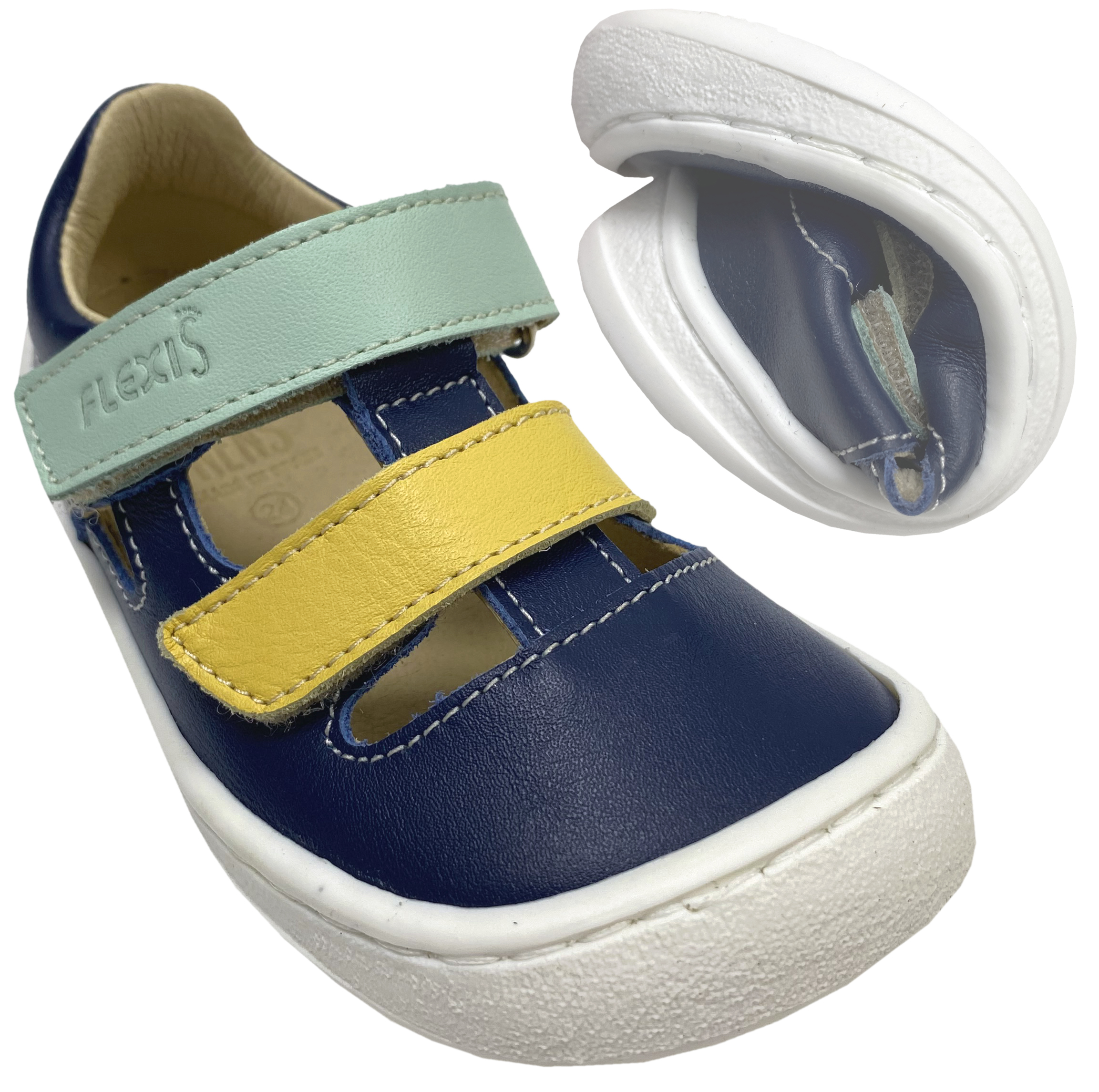 Halbsandale / Barfußschuhe in Blau / Gelb / Mint aus Leder von FLEXI Nens mit Doppelklett 43261