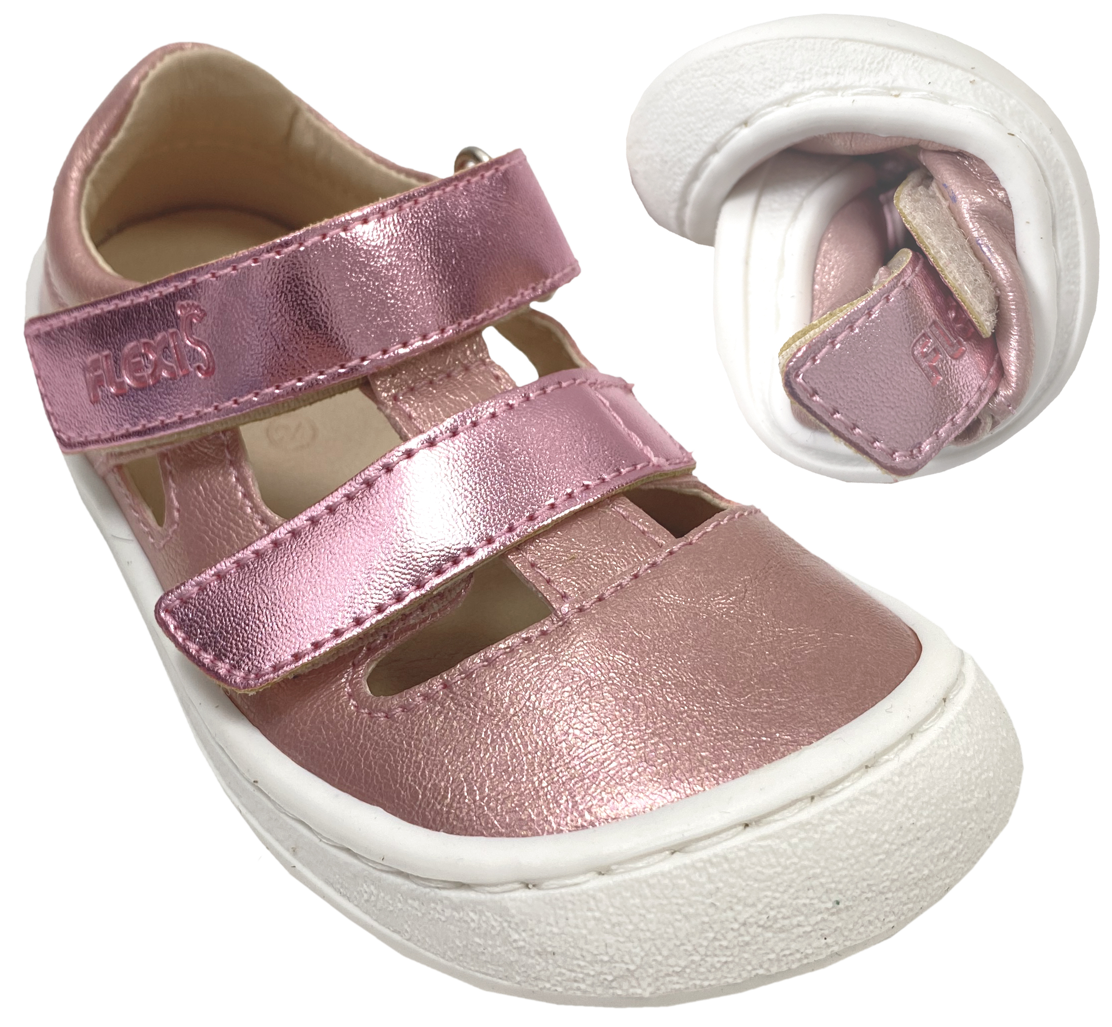Halbsandale / Barfußschuhe in Rosa / Pink Glitzer aus Leder von FLEXI Nens mit Doppelklett 42790