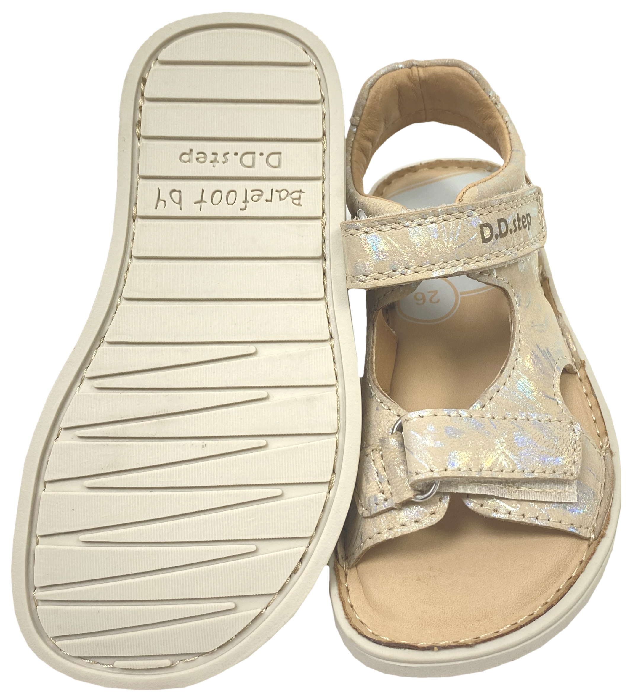 Offene Ledersandale mit Minimalsohle / Barfußsandale in Beige Silber Glitzer von D.D.Step Barefoot 51995