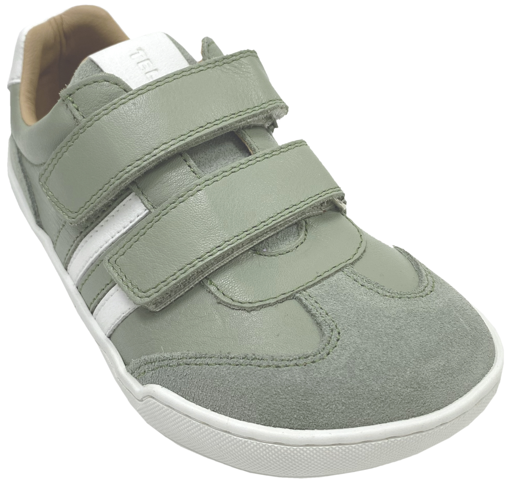 Leder Sneaker / Barfußschuhe + seitliche Zierstr. mit Doppelklett in Sage Grün / Weiß von TELYOH Barefoot / Runner