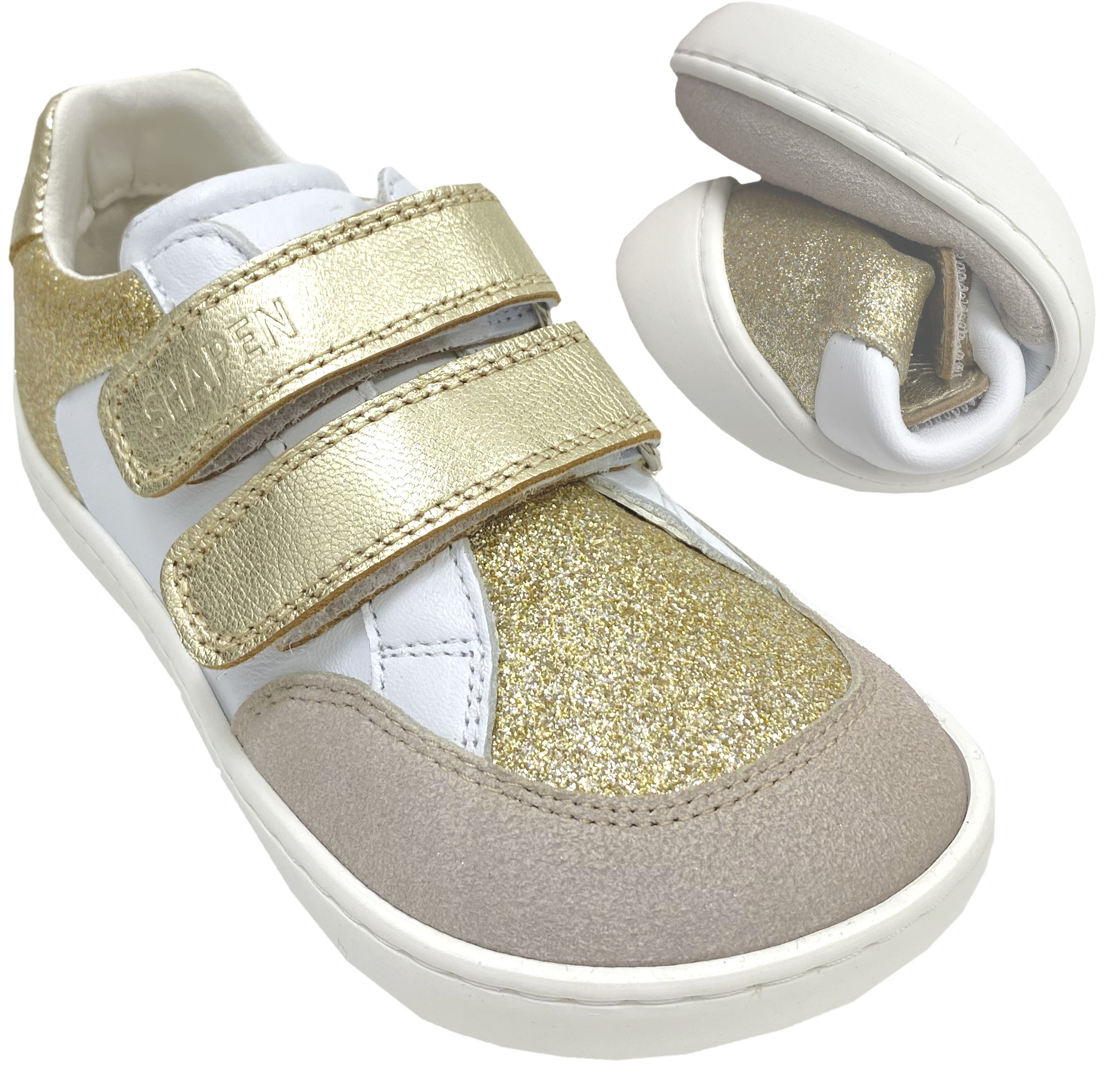 Glitzer Sneaker mit Minimalsohle / Barfußschuhe Modell Mini Charm in LightGold von SHAPEN Kids