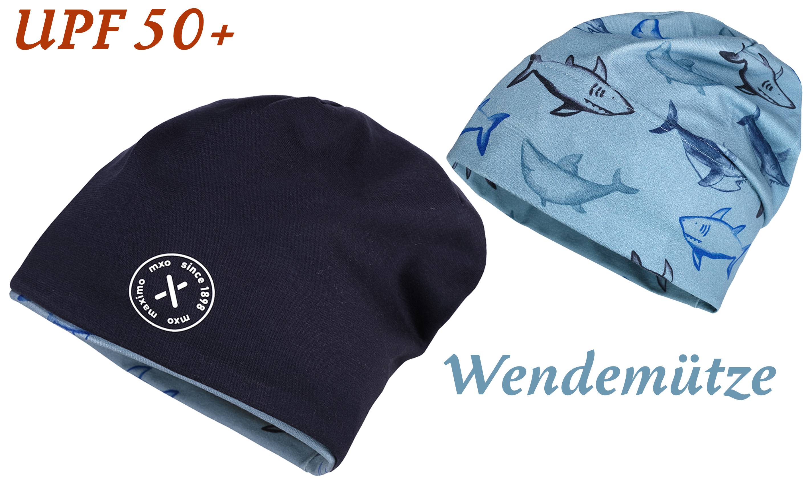 Wendebeanie aus BW Jersey in Navy Blau Uni -> AOP Hai, UPF 50+ von MAXIMO 122276