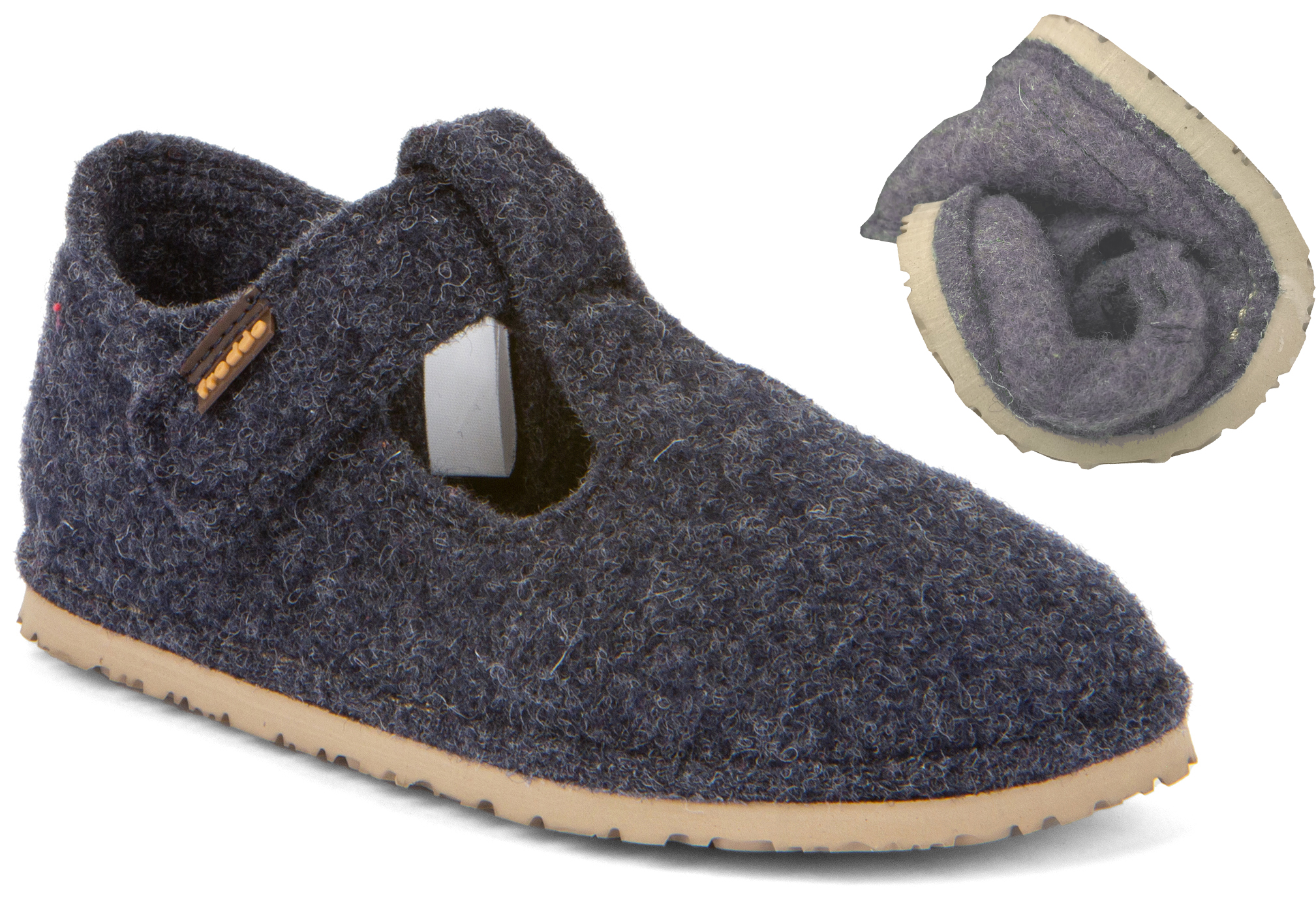 Barfußschuhe, Hausschuhe aus 50% recycelter Wolle, Flex Sohle in DK BLAU FRODDO Flexy Wooly