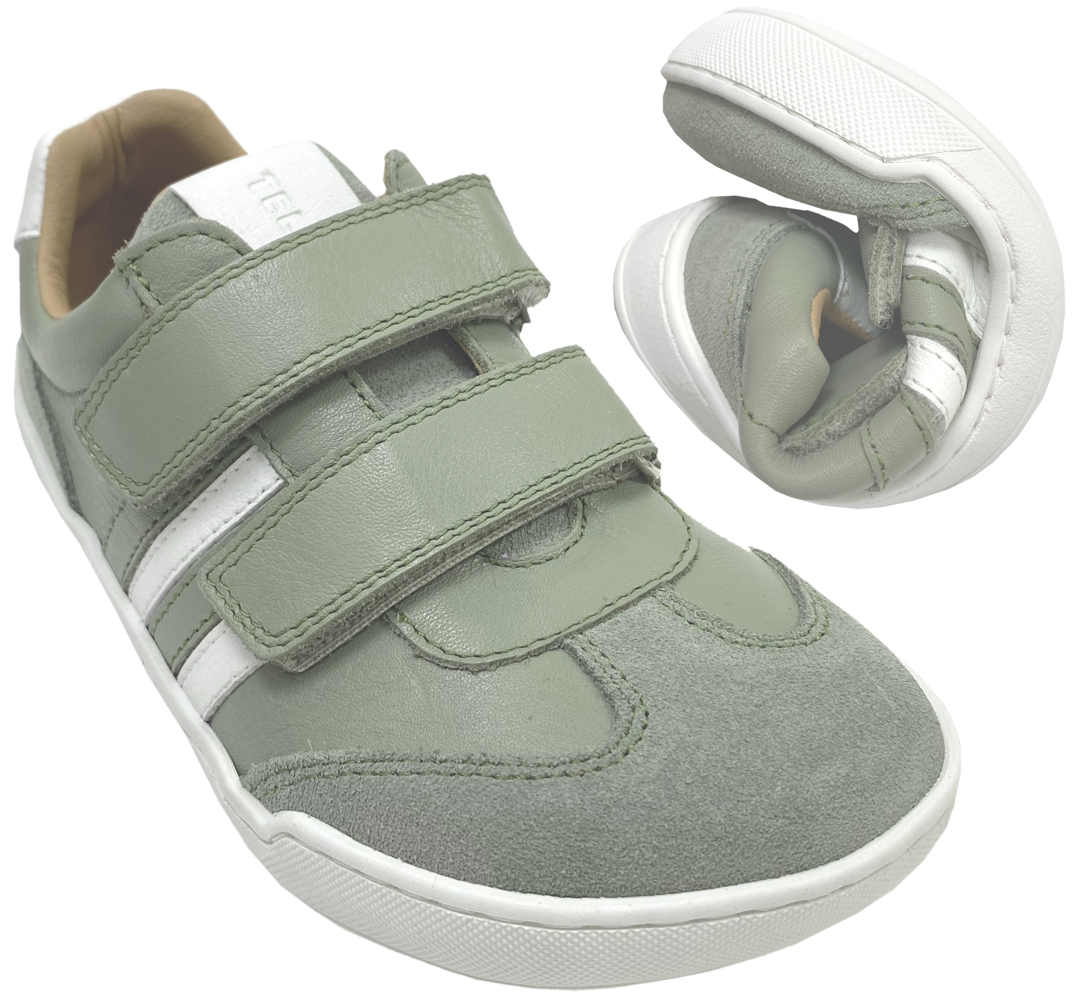 Leder Sneaker / Barfußschuhe + seitliche Zierstr. mit Doppelklett in Sage Grün / Weiß von TELYOH Barefoot / Runner