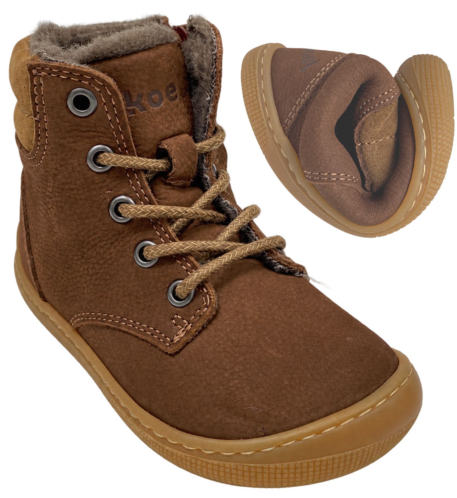 Winterstiefel Hydroleder + Lammwolle Schnürer & Zipper von KOEL Barefoot * DARIUS Wool Schoko * 07M052.127