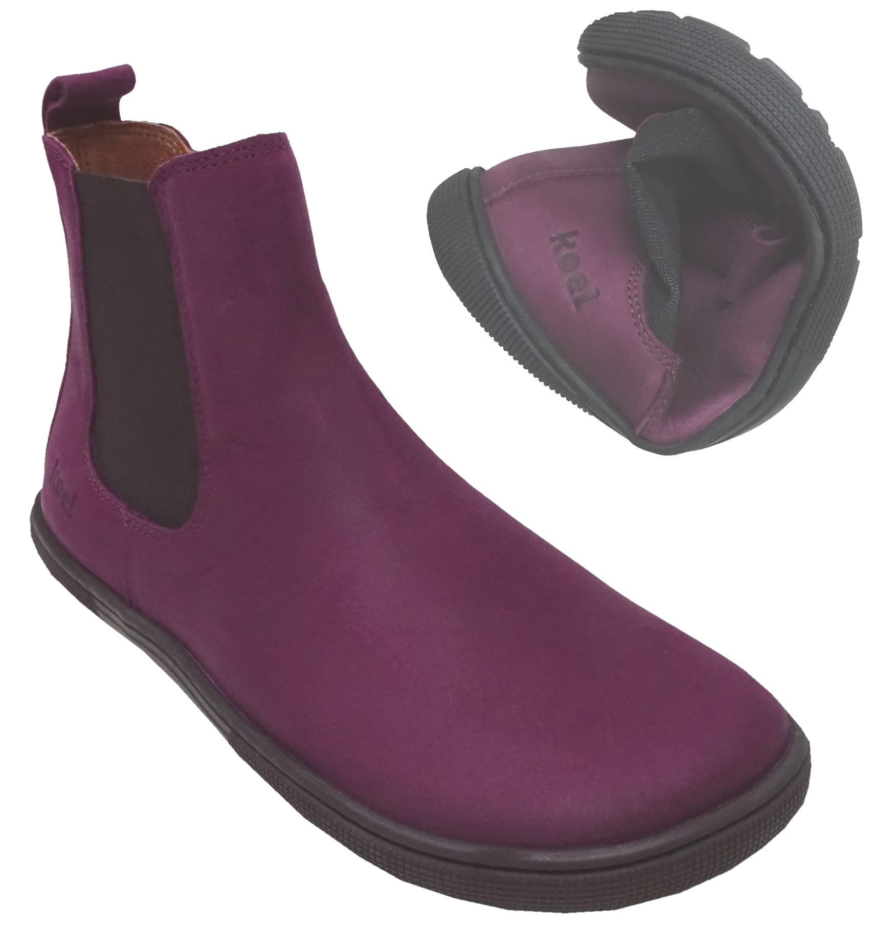 Chelsea Boots in Bordeaux aus Nubuk Leder Barfußschuhe für Damen von KOEL FILA Hydro