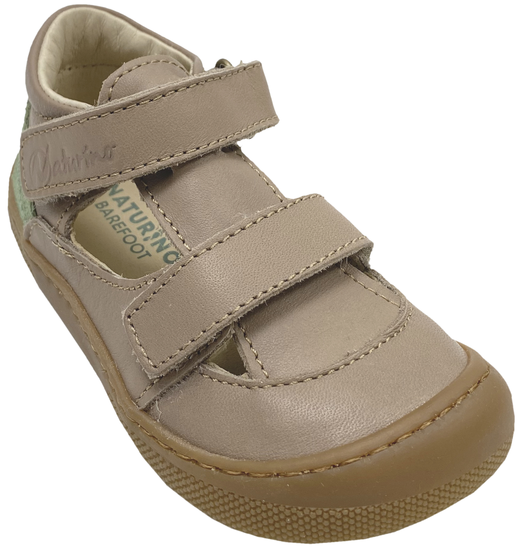 Halbsandale / Minimalschuhe aus Leder mit Doppelklett von NATURINO Barefoot "IRTYS" in Taupe-Leaf (Grün)