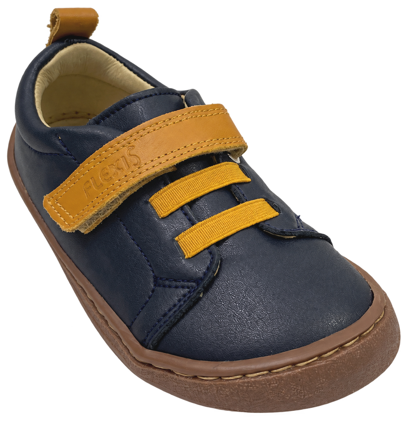 Leder Sneaker / Barfußschuhe von FLEXI NENS in Marine / Ocker Gelb mit Klett & Zierschnürung 9006-R