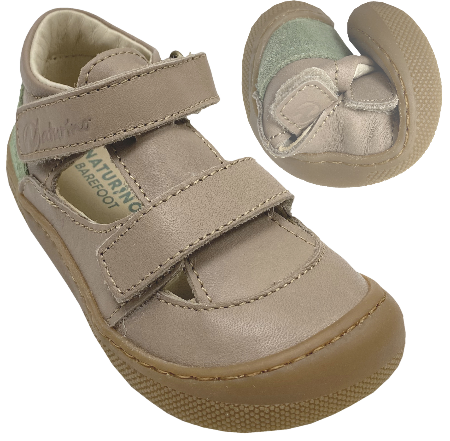 Halbsandale / Minimalschuhe aus Leder mit Doppelklett von NATURINO Barefoot "IRTYS" in Taupe-Leaf (Grün)